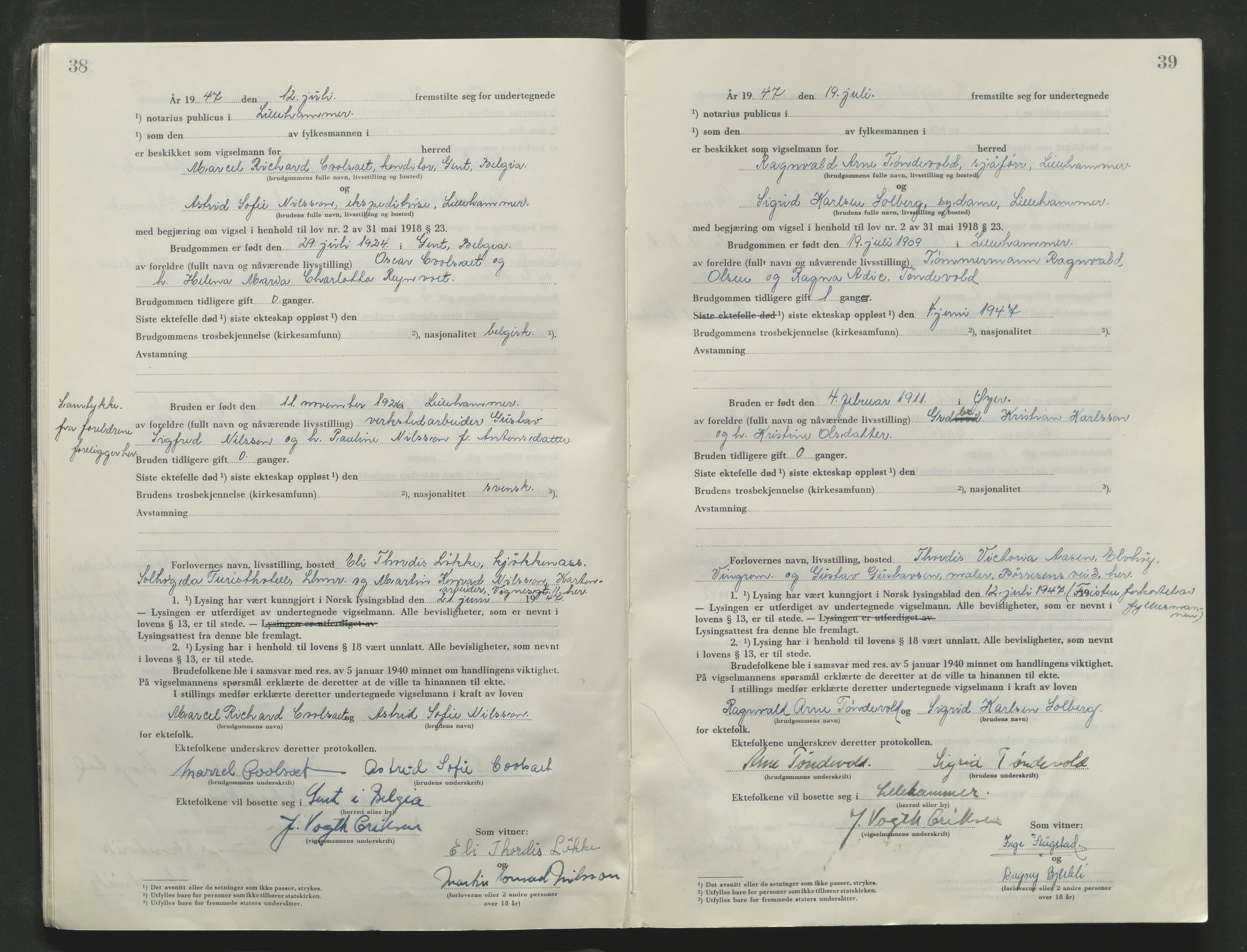 Sør-Gudbrandsdal tingrett, AV/SAH-TING-004/L/Lc/L0006: Vigselsprotokoll, 1946-1954, p. 38-39