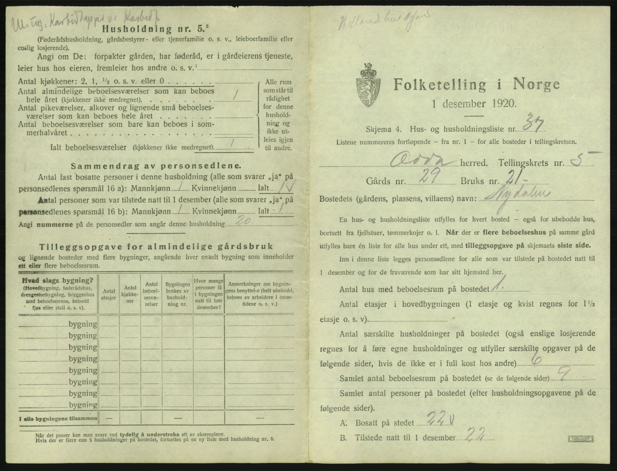 SAB, 1920 census for Odda, 1920, p. 435