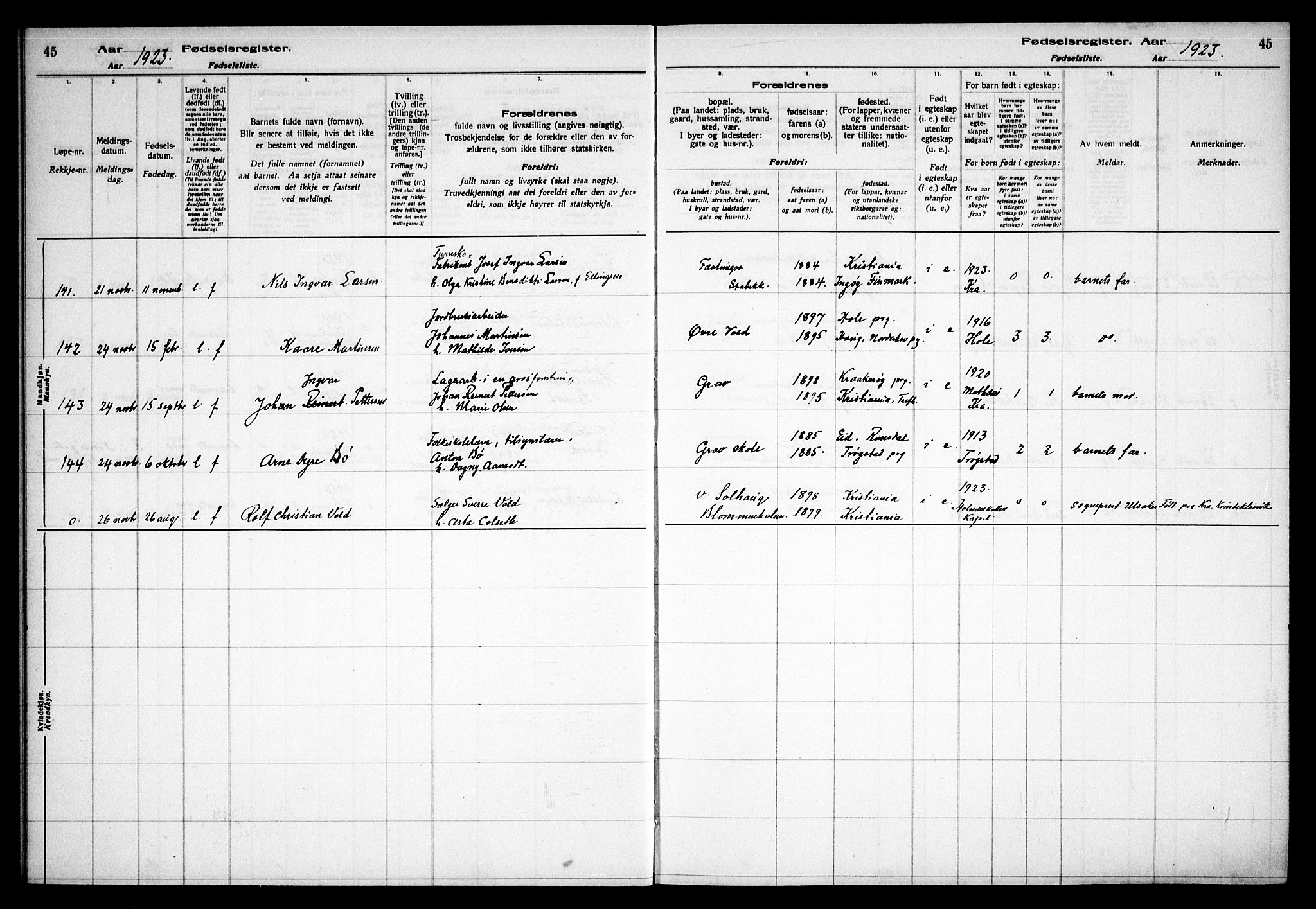 Østre Bærum prestekontor Kirkebøker, AV/SAO-A-10887/J/Ja/L0002: Birth register no. 2, 1922-1928, p. 45