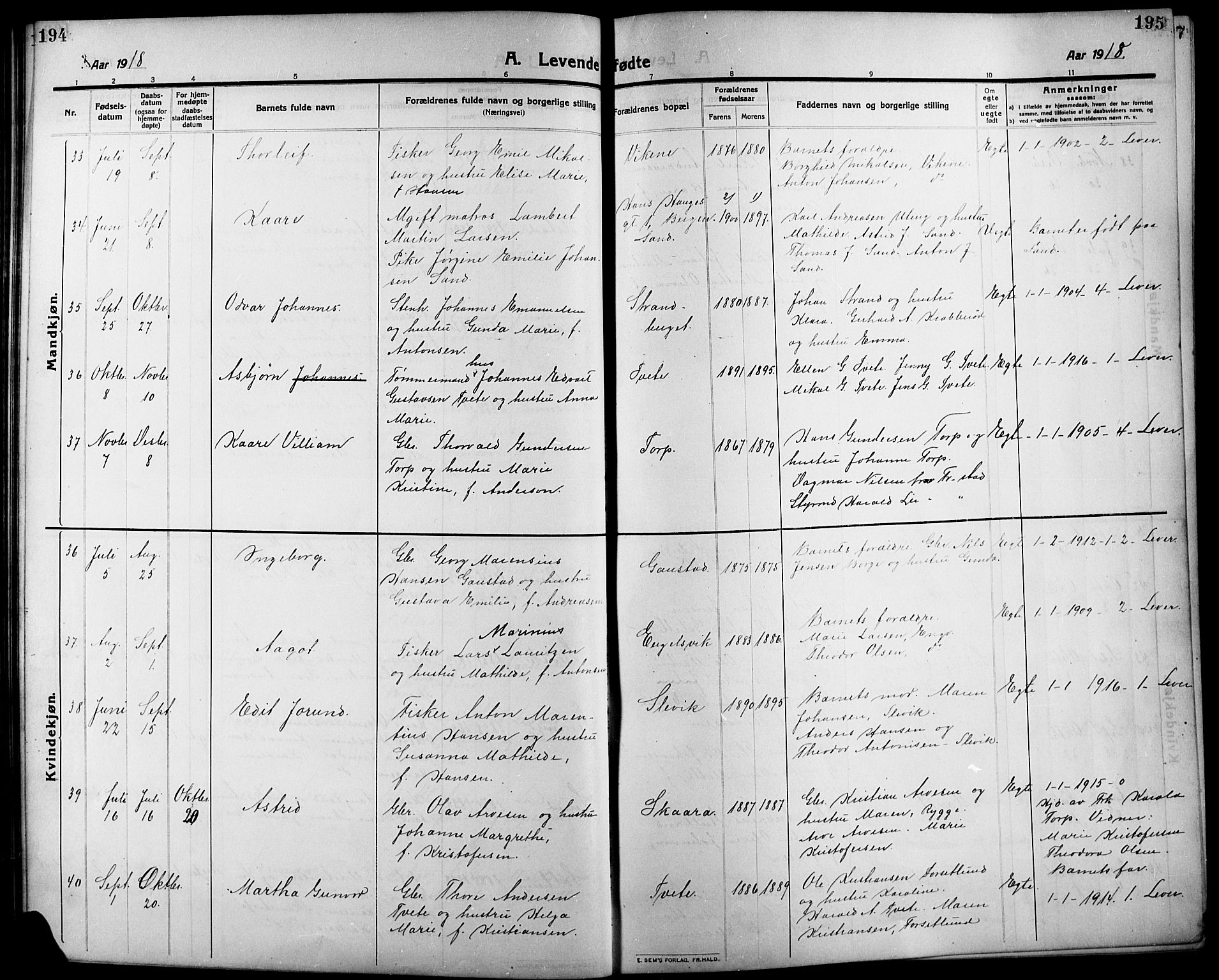 Onsøy prestekontor Kirkebøker, SAO/A-10914/G/Ga/L0003: Parish register (copy) no. I 3, 1910-1926, p. 194-195