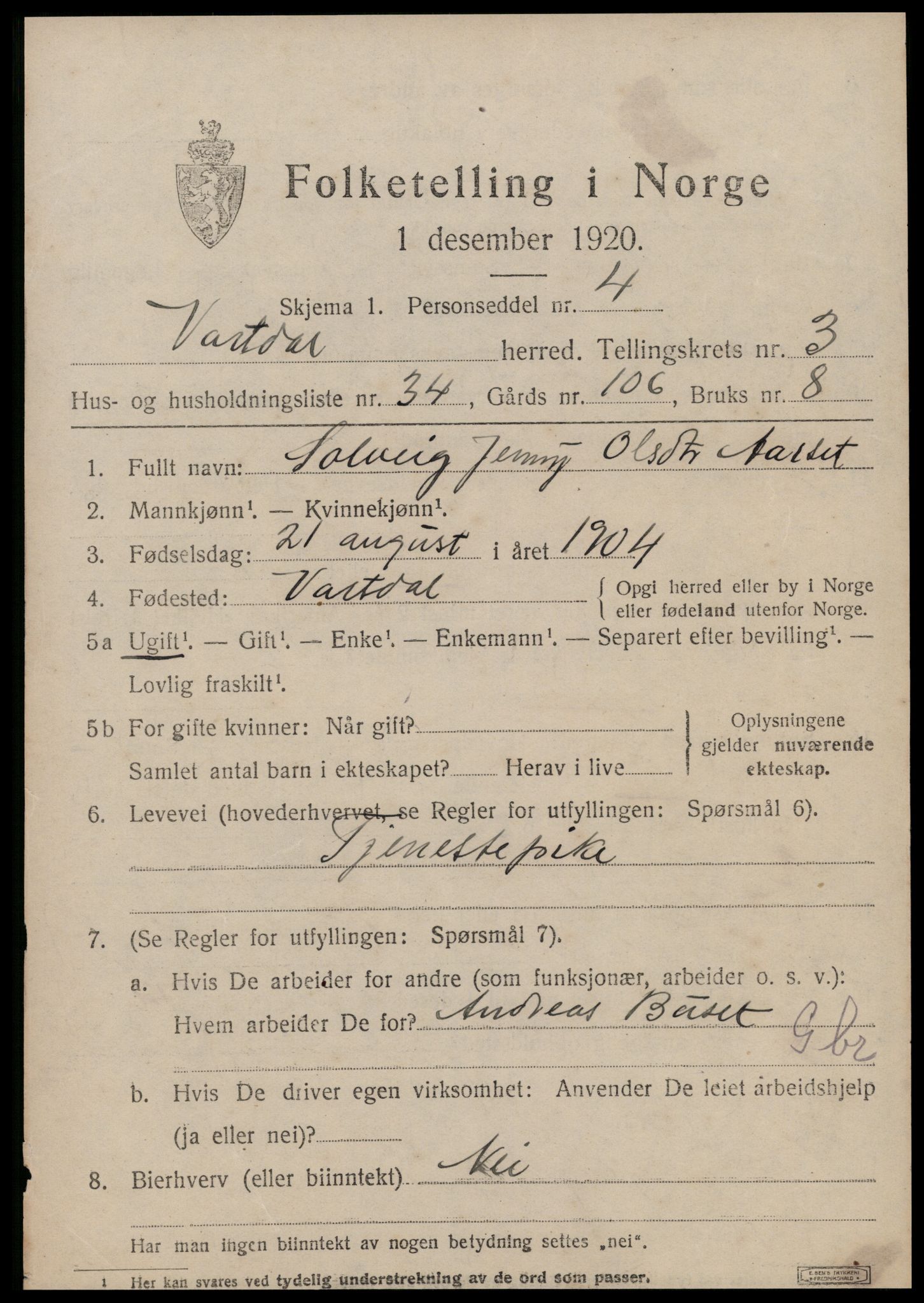 SAT, 1920 census for Vartdal, 1920, p. 1677