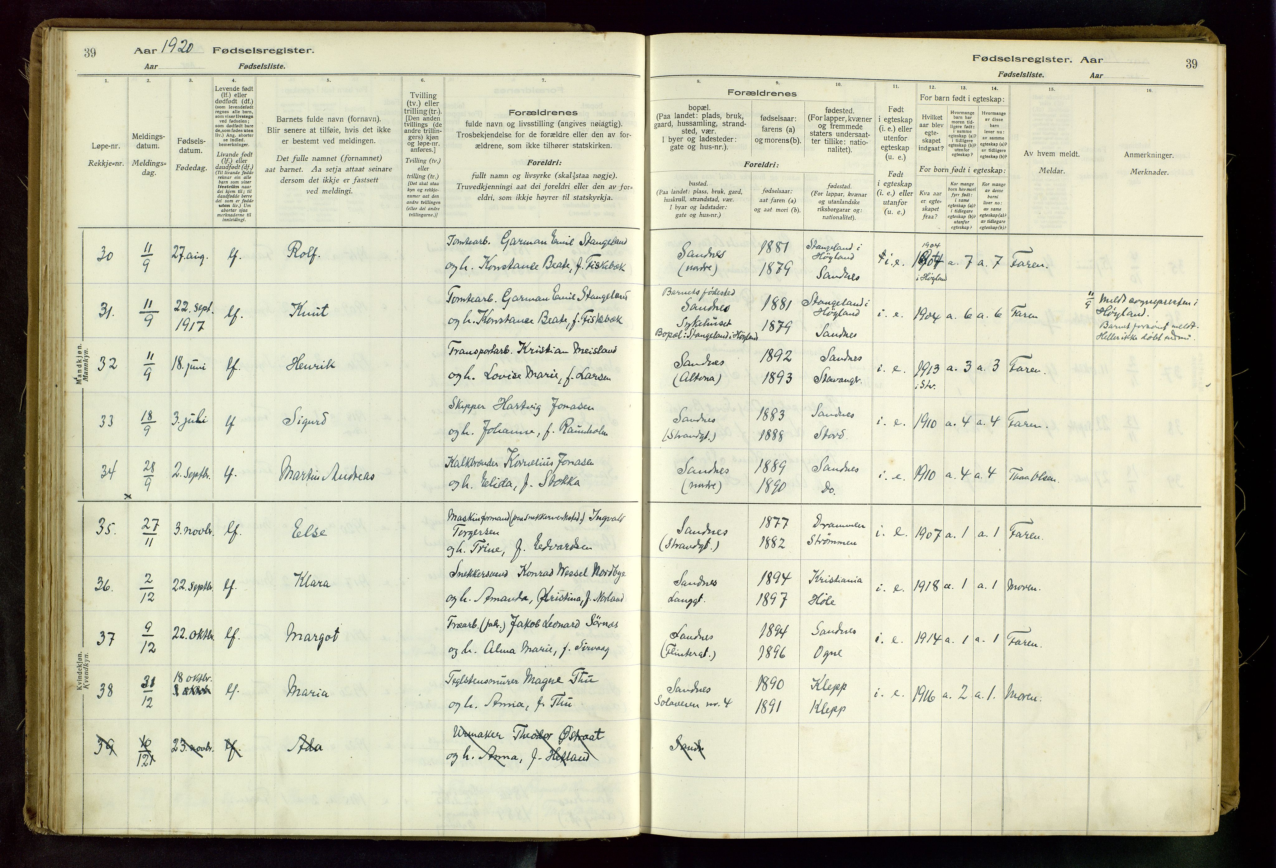 Sandnes sokneprestkontor, AV/SAST-A-101800/704BA/L0001: Birth register no. 1, 1916-1942, p. 39