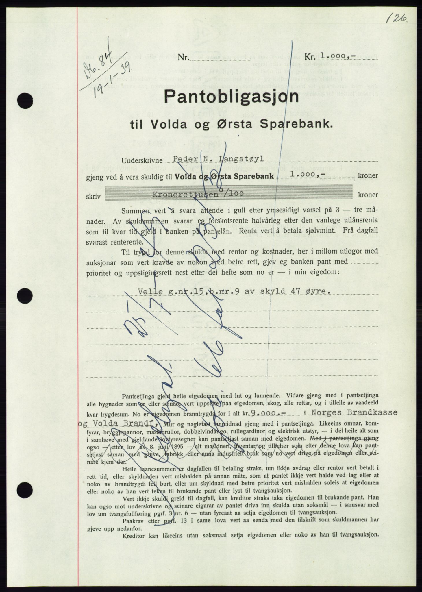 Søre Sunnmøre sorenskriveri, AV/SAT-A-4122/1/2/2C/L0067: Mortgage book no. 61, 1938-1939, Diary no: : 84/1939