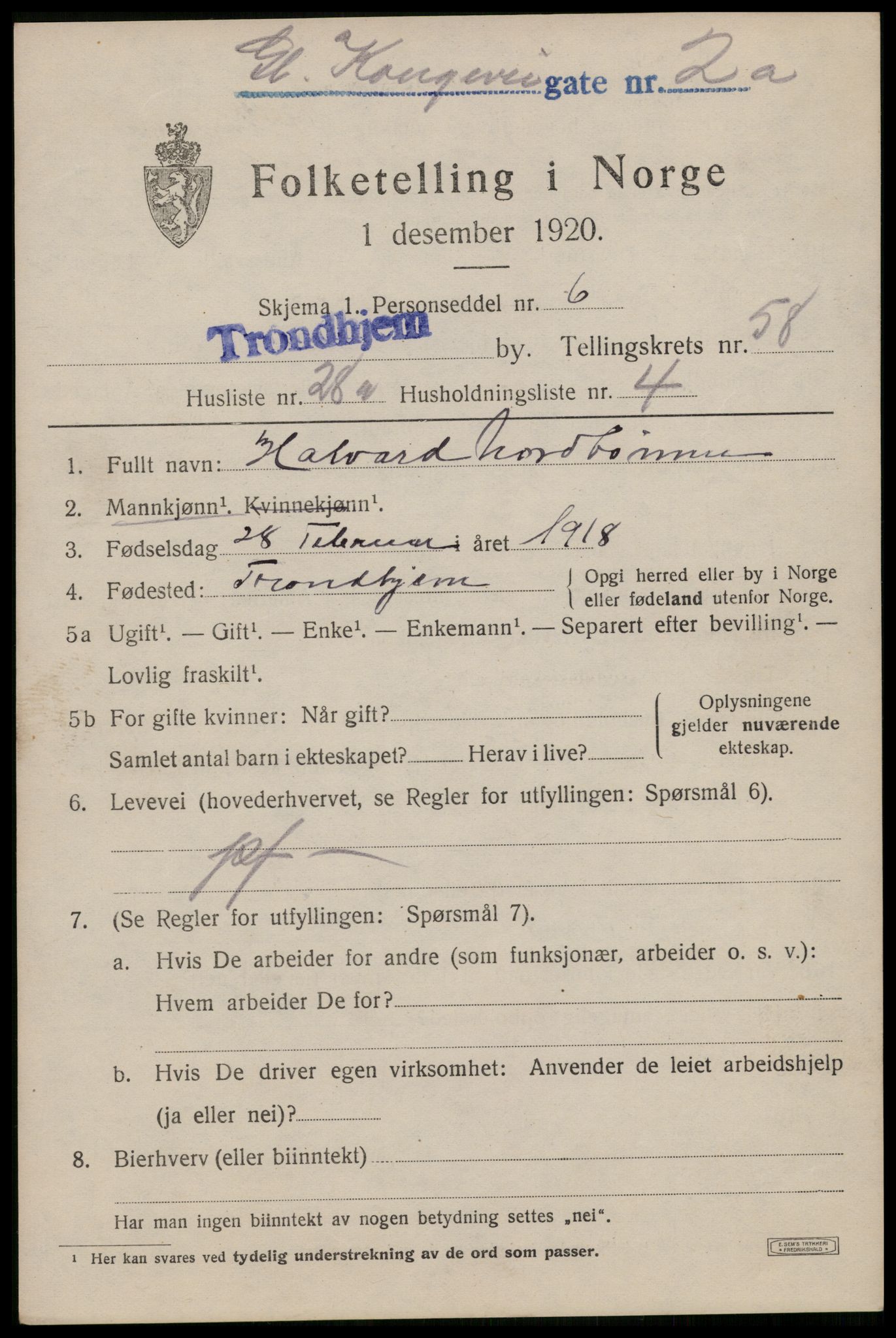 SAT, 1920 census for Trondheim, 1920, p. 118272