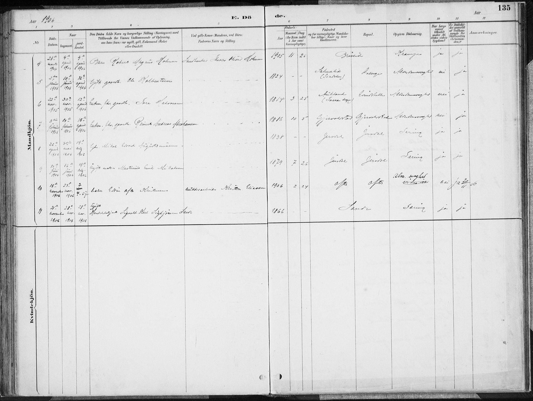 Herad sokneprestkontor, AV/SAK-1111-0018/F/Fa/Faa/L0006: Parish register (official) no. A 6, 1887-1907, p. 135