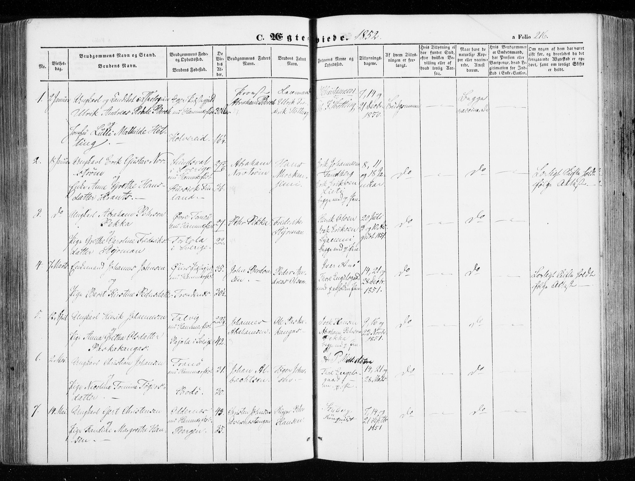 Hammerfest sokneprestkontor, AV/SATØ-S-1347/H/Ha/L0004.kirke: Parish register (official) no. 4, 1843-1856, p. 216