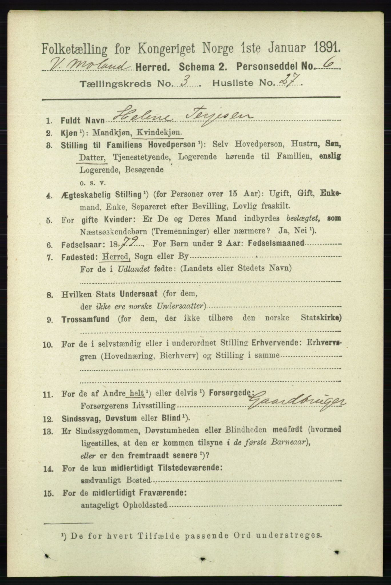 RA, 1891 census for 0926 Vestre Moland, 1891, p. 1109
