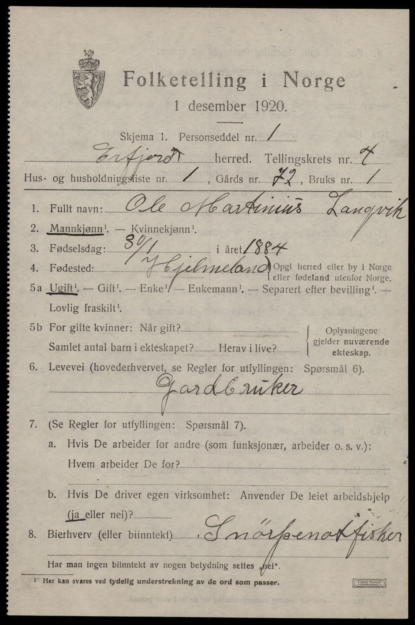 SAST, 1920 census for Erfjord, 1920, p. 1279