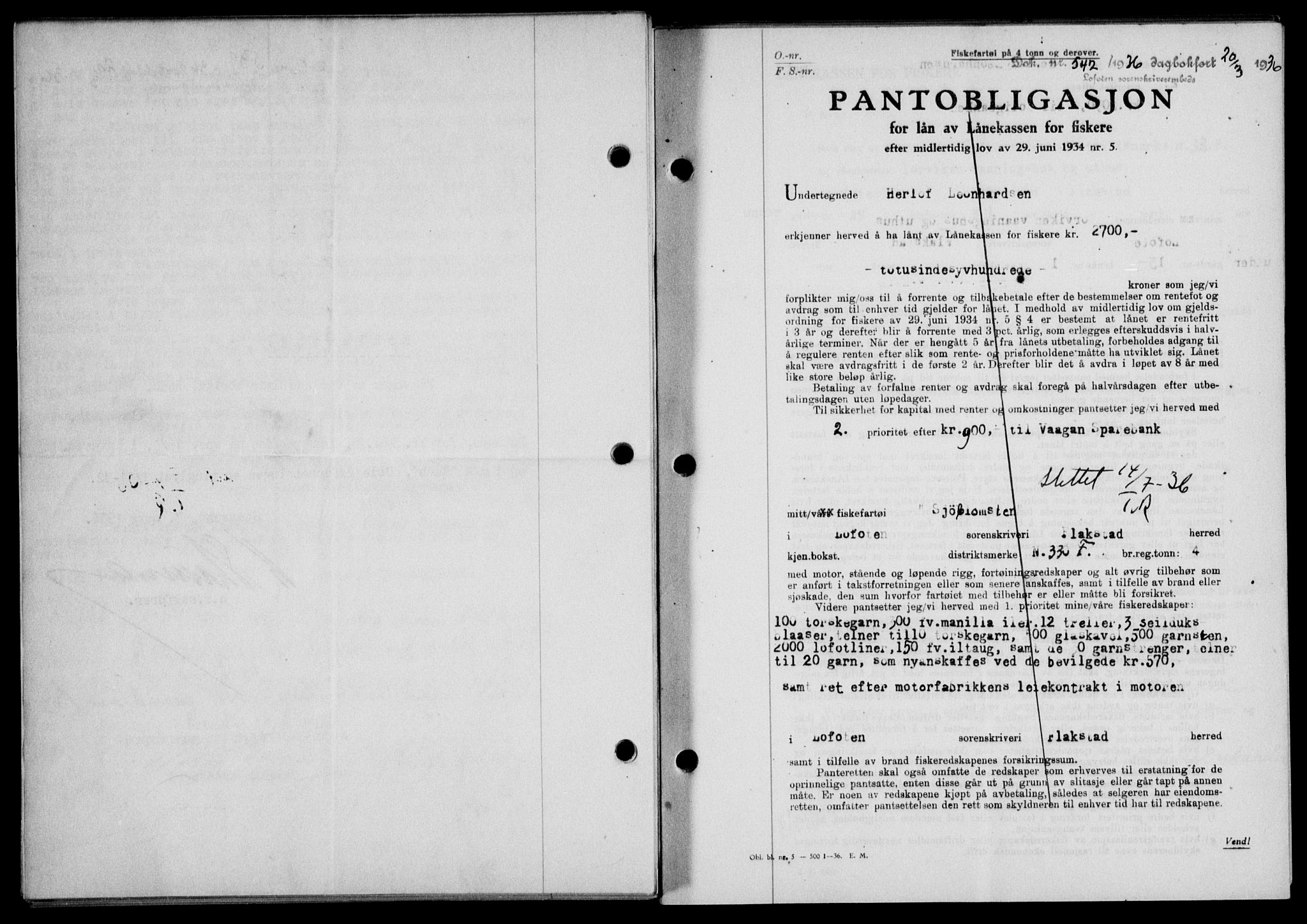 Lofoten sorenskriveri, SAT/A-0017/1/2/2C/L0033b: Mortgage book no. 33b, 1936-1936, Diary no: : 542/1936