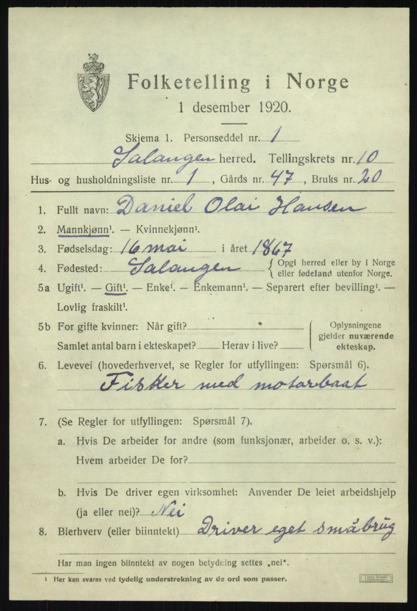 SATØ, 1920 census for Salangen, 1920, p. 6268