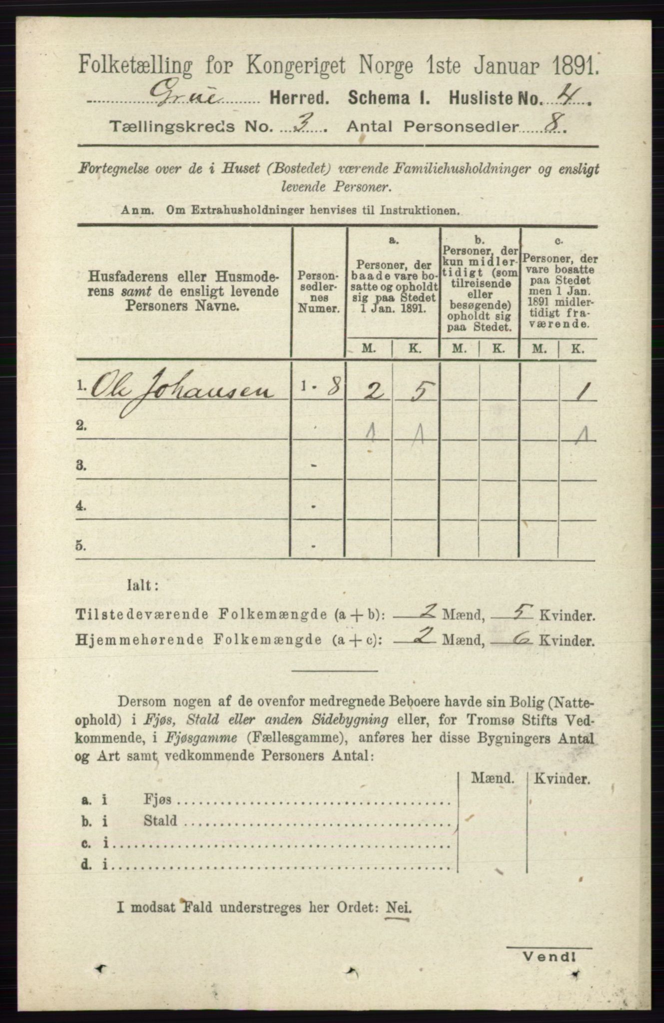 RA, 1891 census for 0423 Grue, 1891, p. 1457