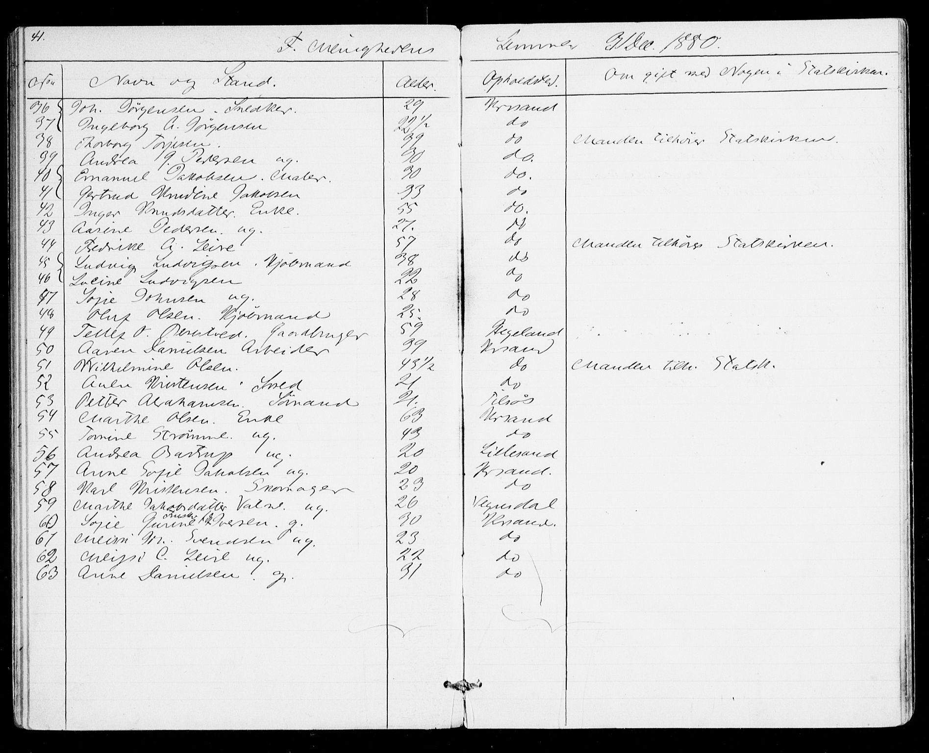 Den evangelisk-lutherske frikirke, Kristiansand, AV/SAK-1292-0017/F/Fa/L0001: Dissenter register no. F 9, 1877-1888, p. 41