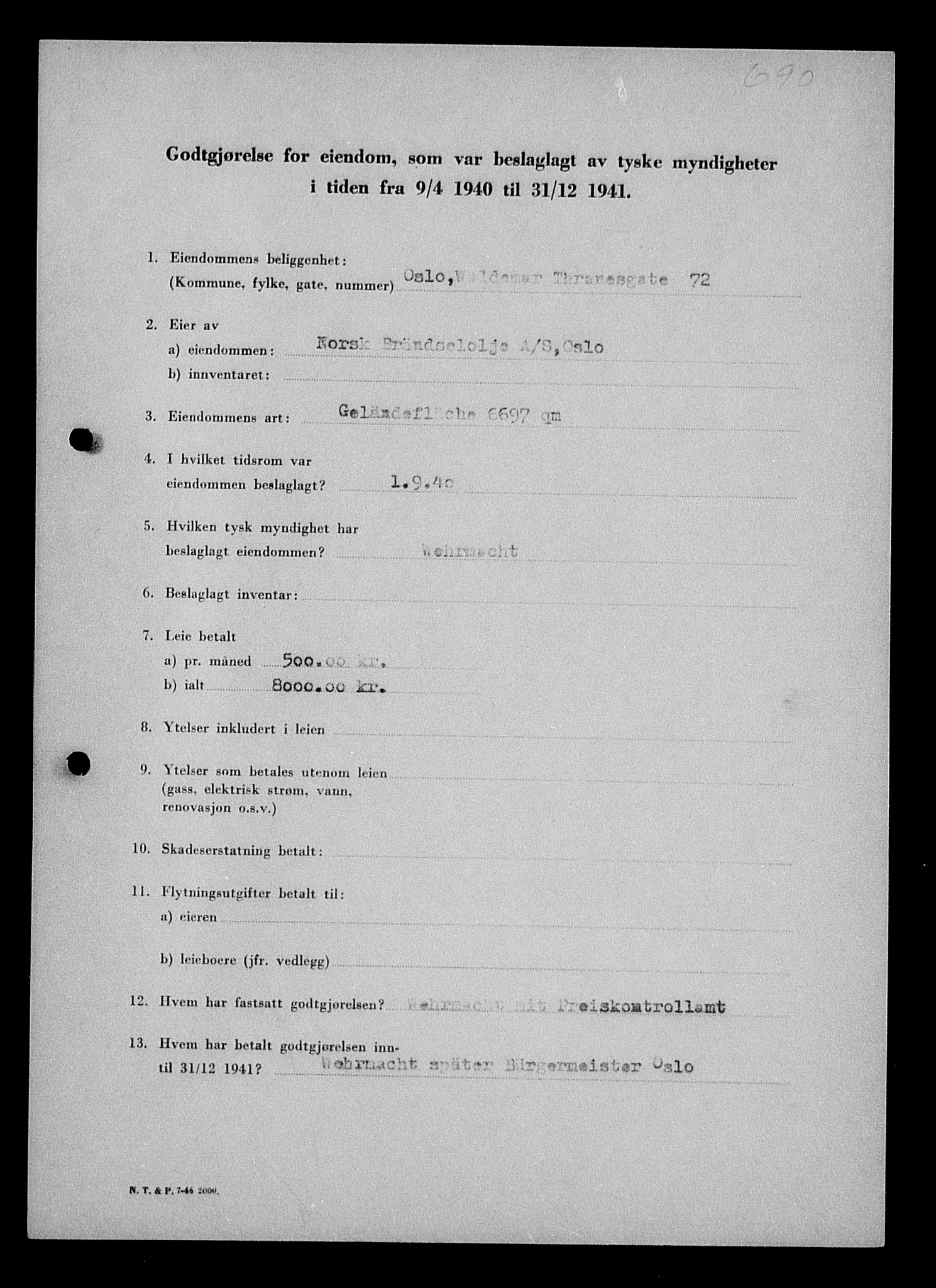 Justisdepartementet, Tilbakeføringskontoret for inndratte formuer, AV/RA-S-1564/I/L1011: Godtgjørelse for beslaglagt eiendom, 1940-1941, p. 309