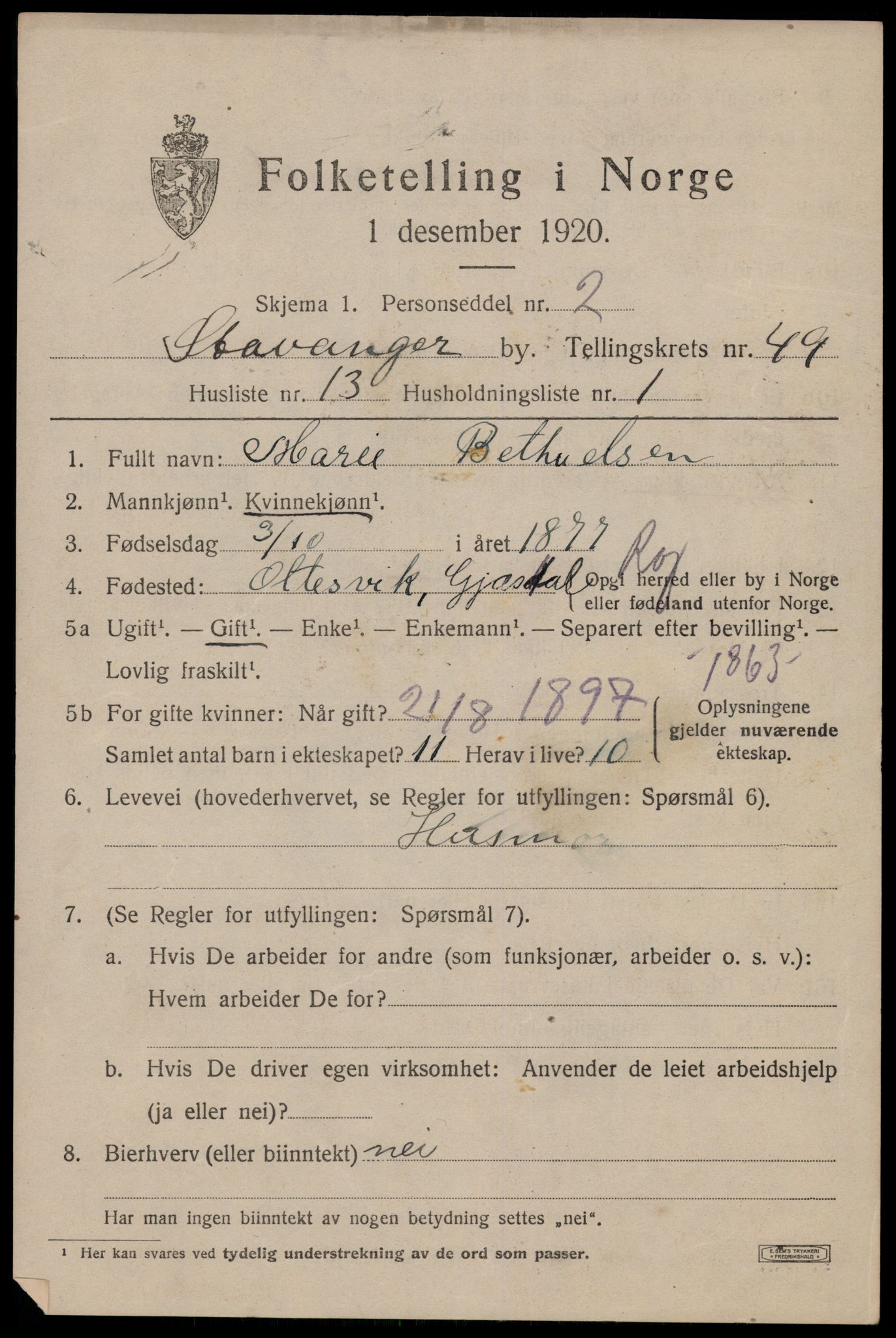 SAST, 1920 census for Stavanger, 1920, p. 118586