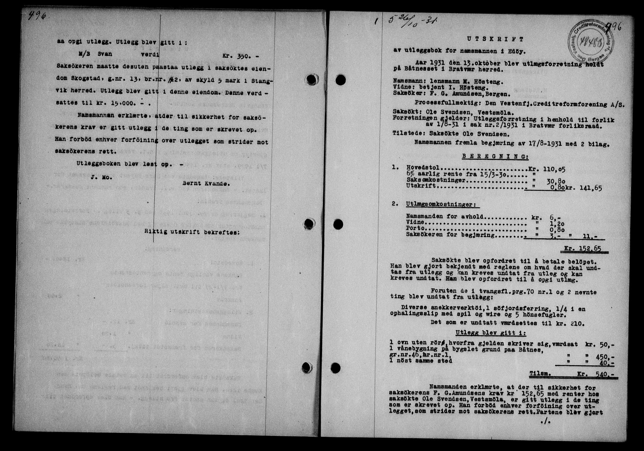 Nordmøre sorenskriveri, SAT/A-4132/1/2/2Ca/L0074: Mortgage book no. 63, 1931-1931, Deed date: 26.10.1931