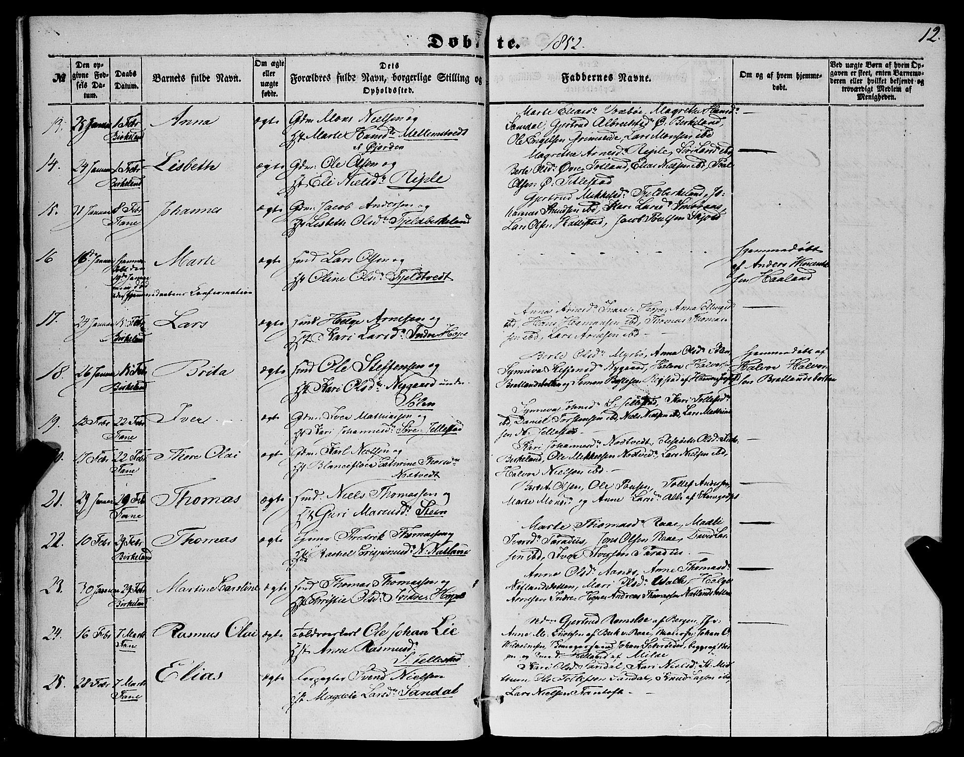 Fana Sokneprestembete, AV/SAB-A-75101/H/Haa/Haaa/L0011: Parish register (official) no. A 11, 1851-1862, p. 12