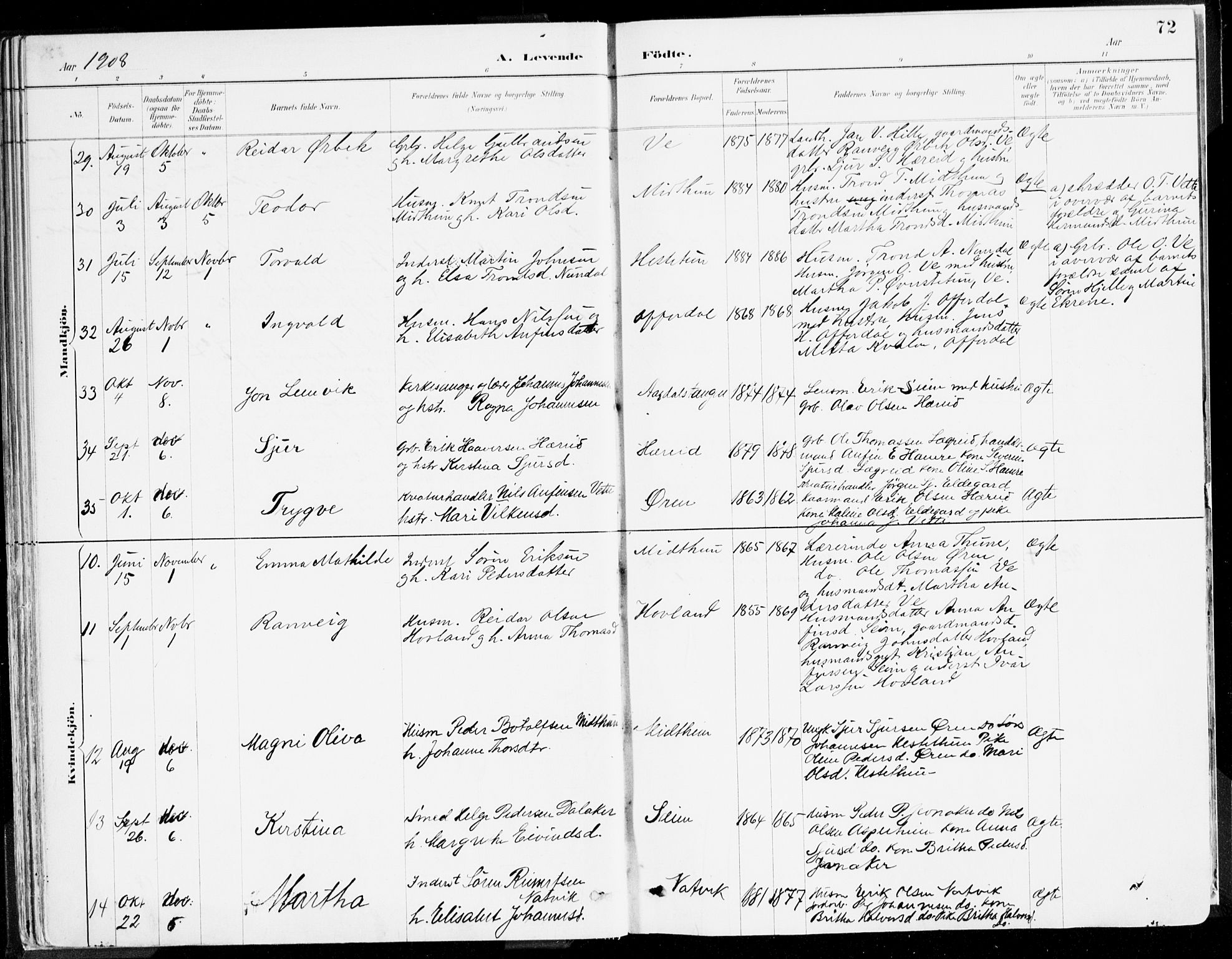 Årdal sokneprestembete, AV/SAB-A-81701: Parish register (official) no. A 5, 1887-1917, p. 72
