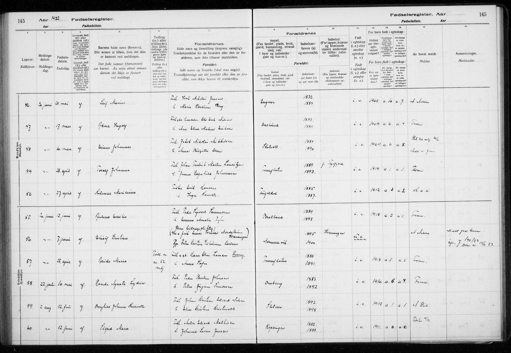 Lyngen sokneprestembete, SATØ/S-1289/I/Ia/L0075: Birth register no. 75, 1916-1924, p. 145
