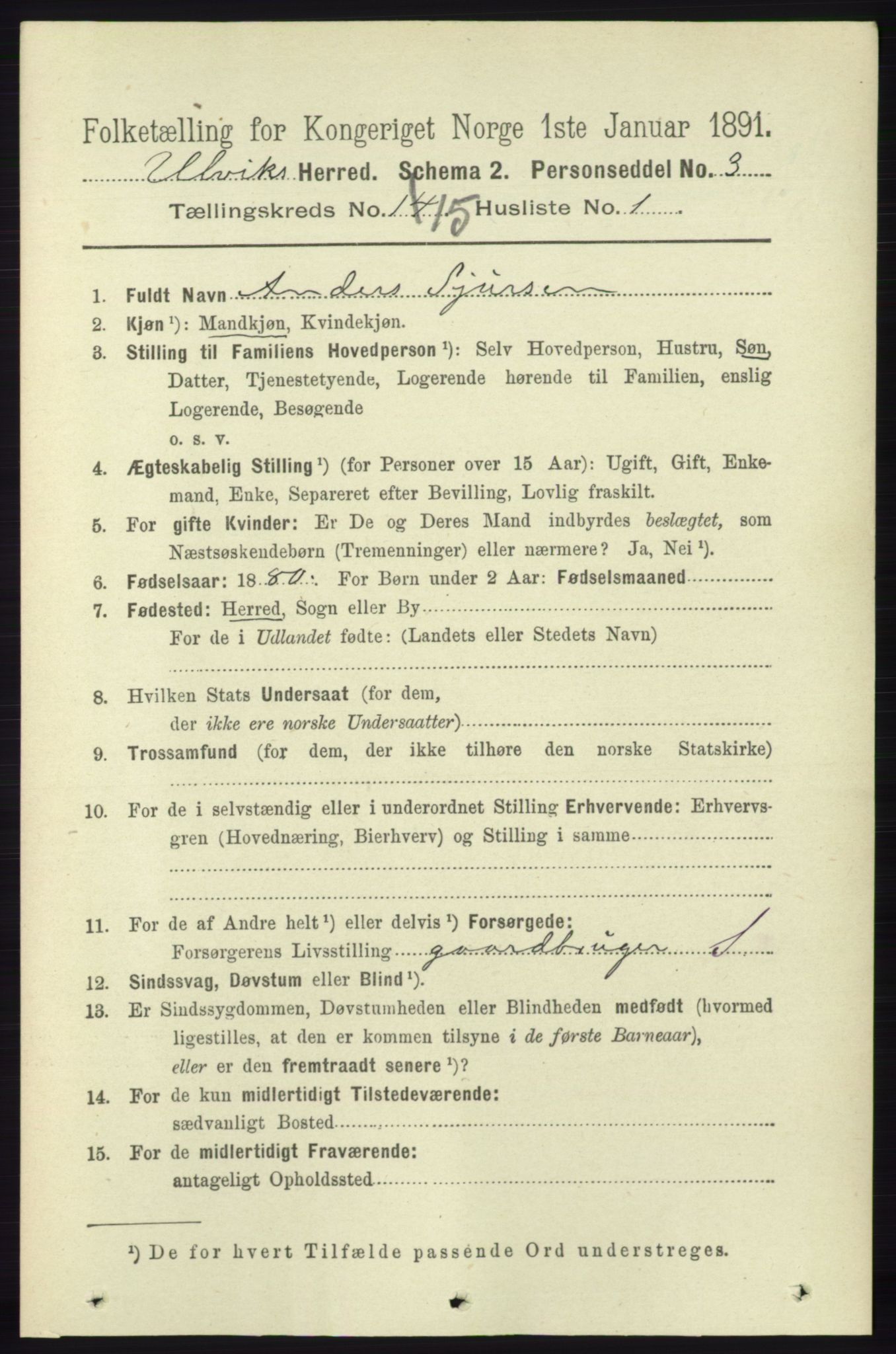 RA, 1891 census for 1233 Ulvik, 1891, p. 4599