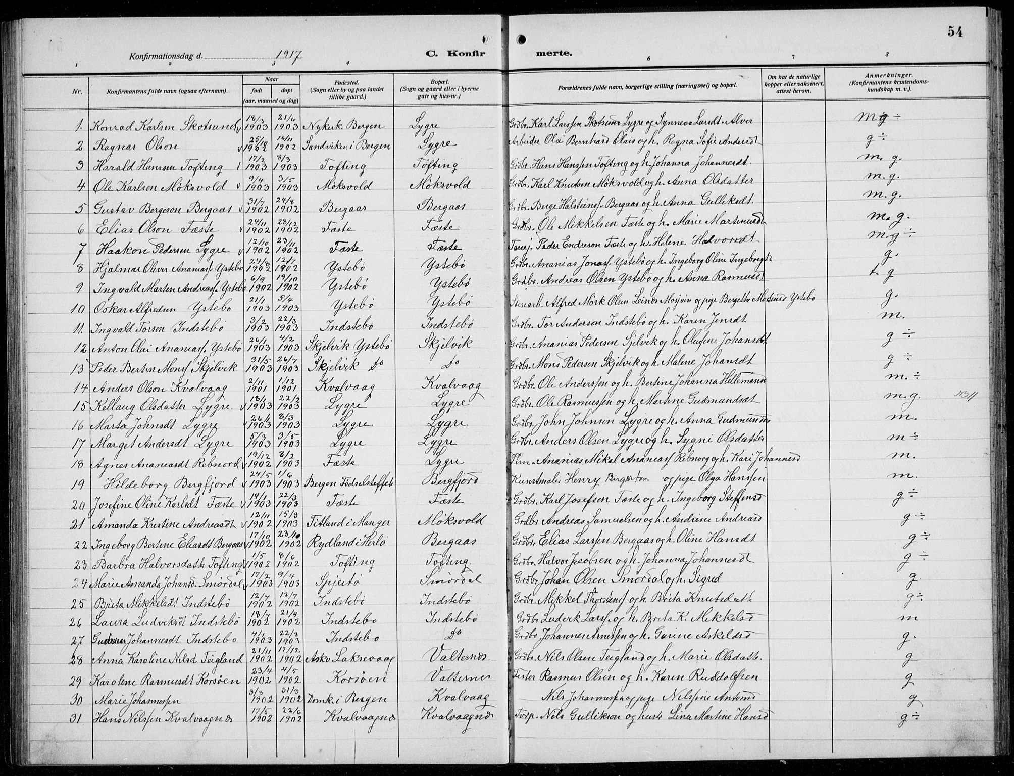 Alversund Sokneprestembete, SAB/A-73901/H/Ha/Hab: Parish register (copy) no. B 5, 1914-1932, p. 54