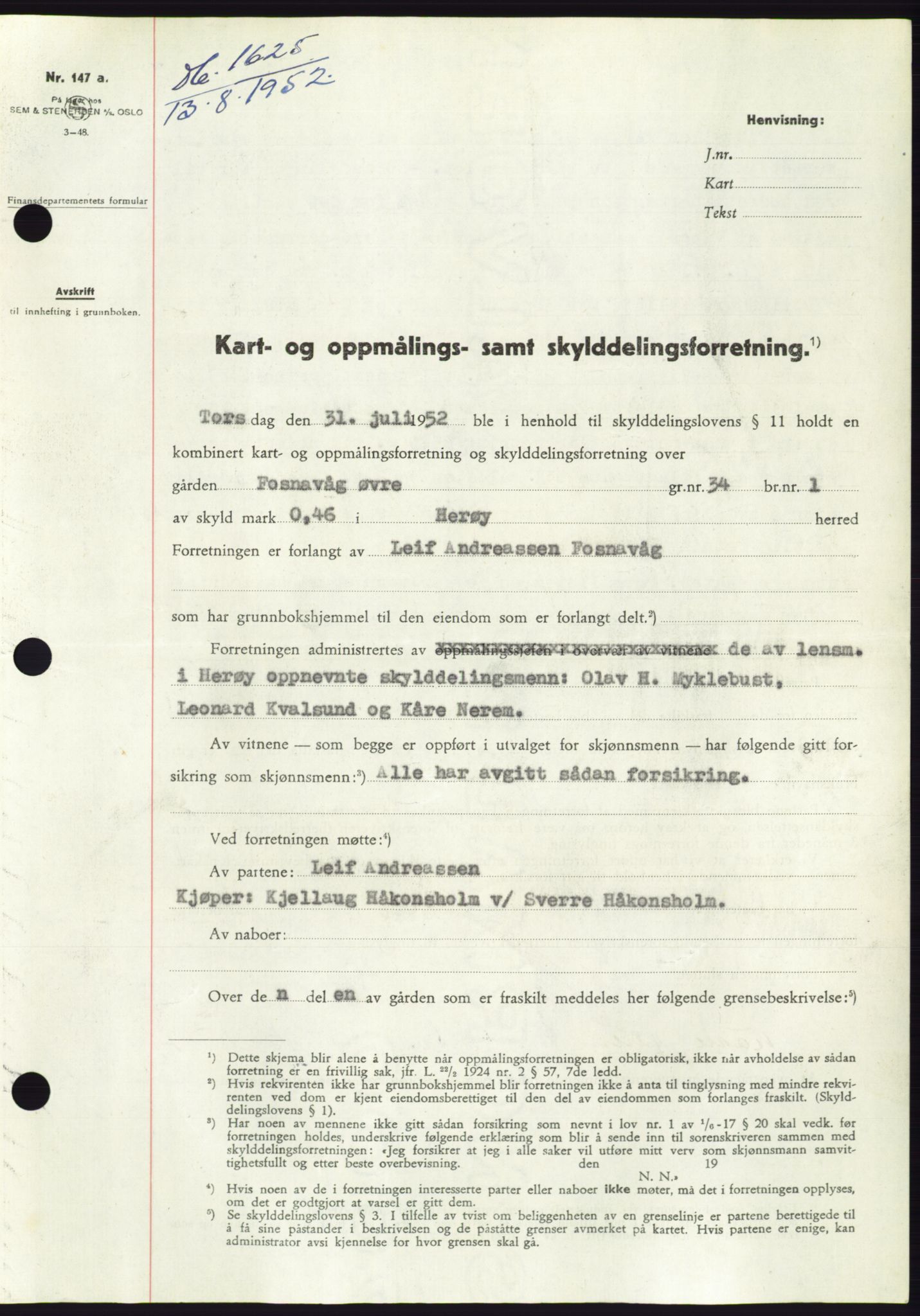 Søre Sunnmøre sorenskriveri, AV/SAT-A-4122/1/2/2C/L0092: Mortgage book no. 18A, 1952-1952, Diary no: : 1625/1952