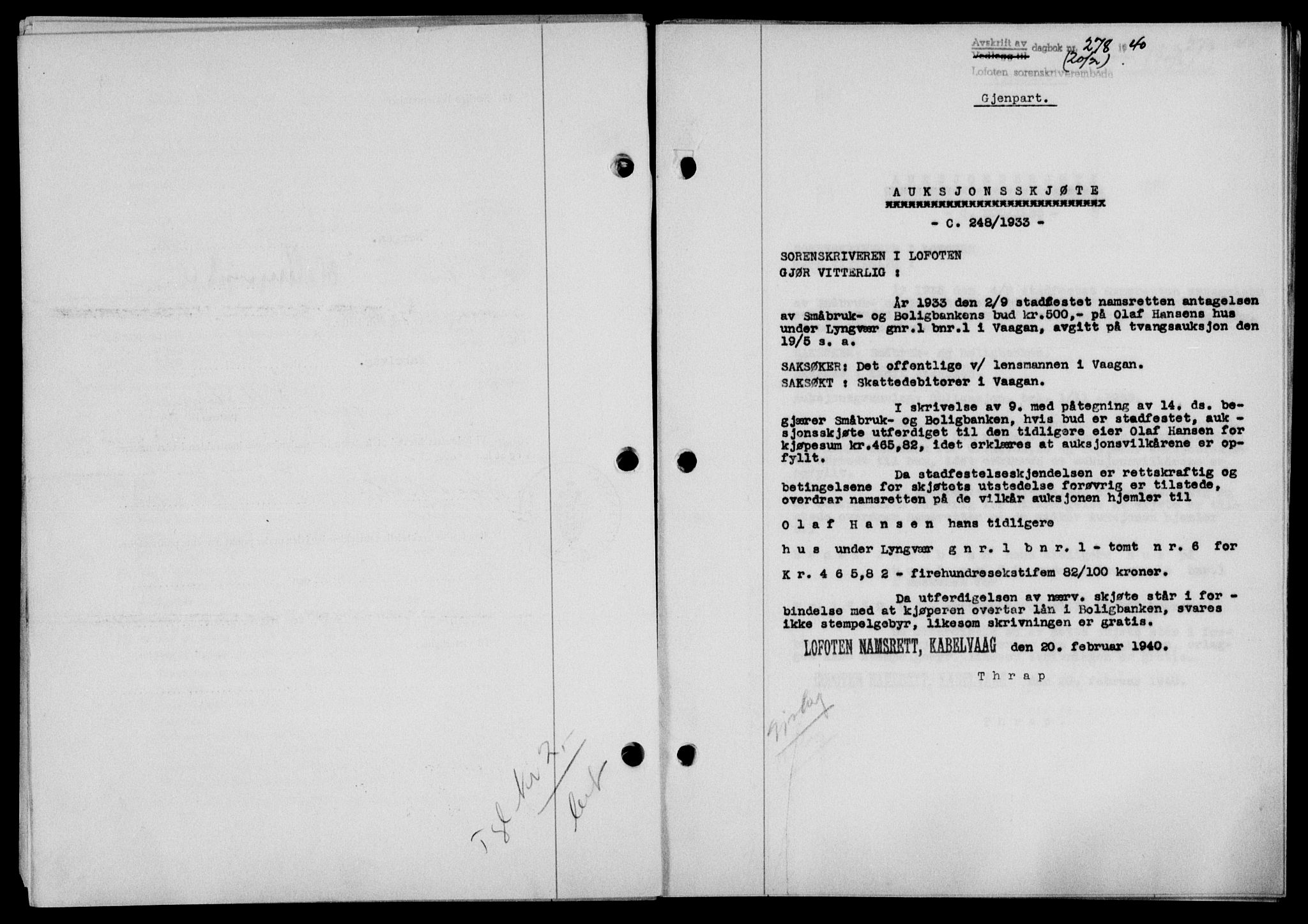 Lofoten sorenskriveri, SAT/A-0017/1/2/2C/L0007a: Mortgage book no. 7a, 1939-1940, Diary no: : 278/1940