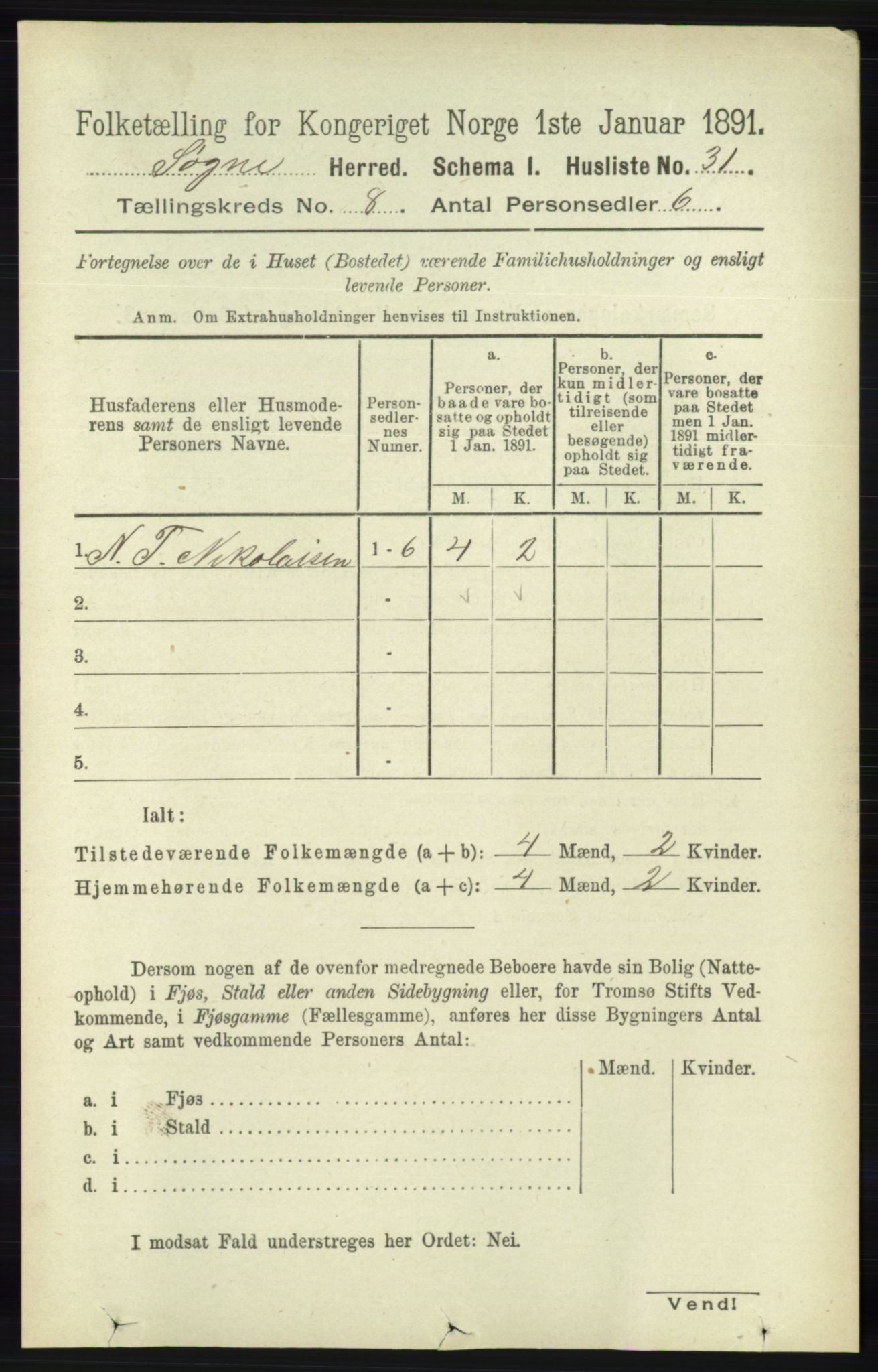RA, 1891 census for 1018 Søgne, 1891, p. 2198
