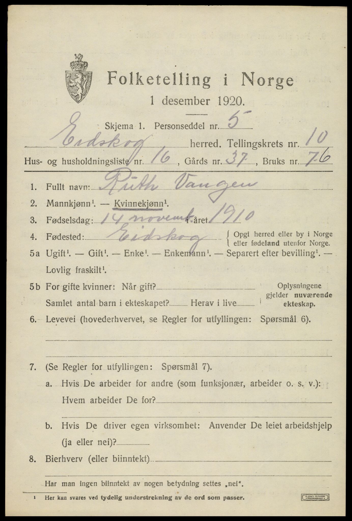 SAH, 1920 census for Eidskog, 1920, p. 11309