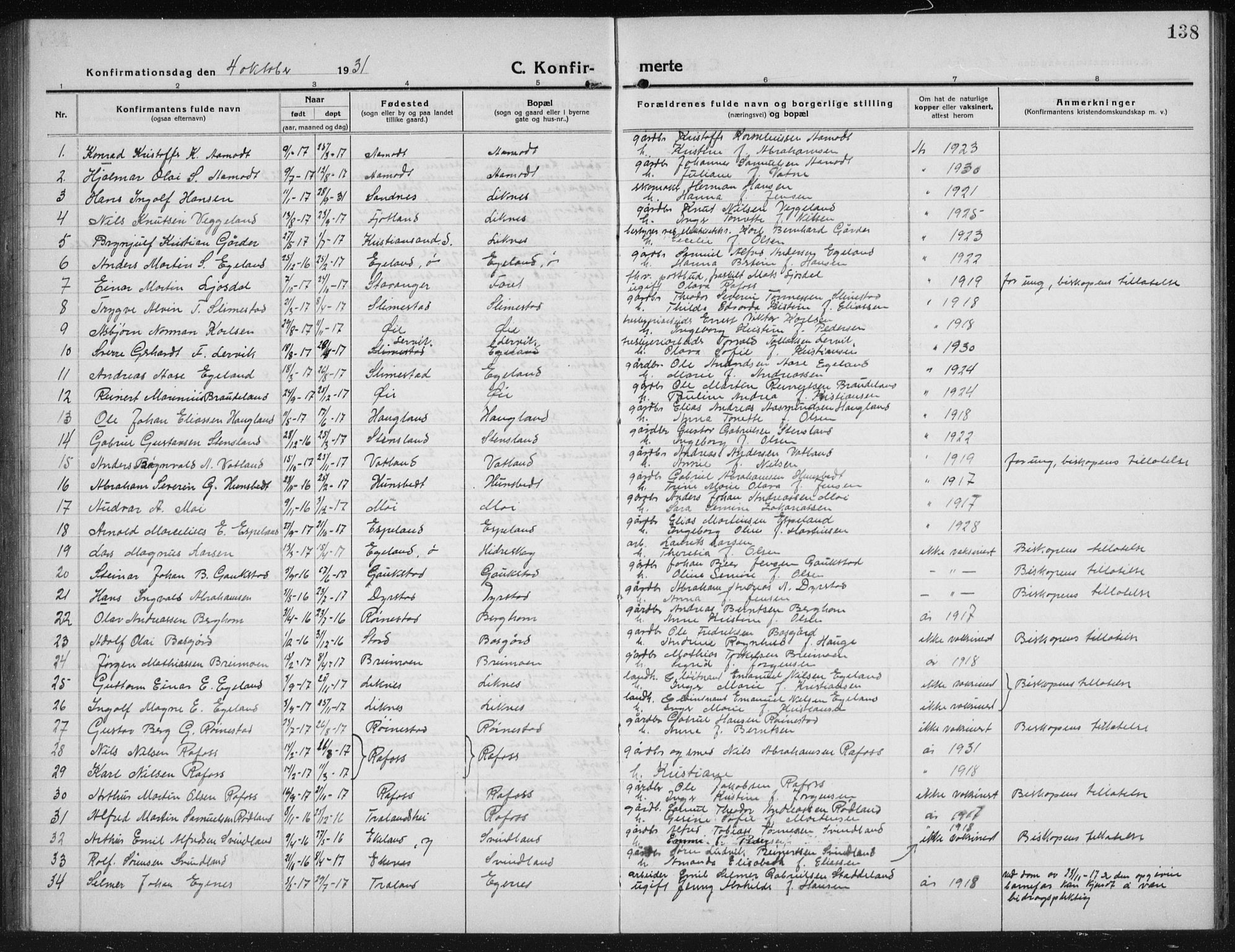 Kvinesdal sokneprestkontor, SAK/1111-0026/F/Fb/Fbb/L0004: Parish register (copy) no. B 4, 1917-1938, p. 138