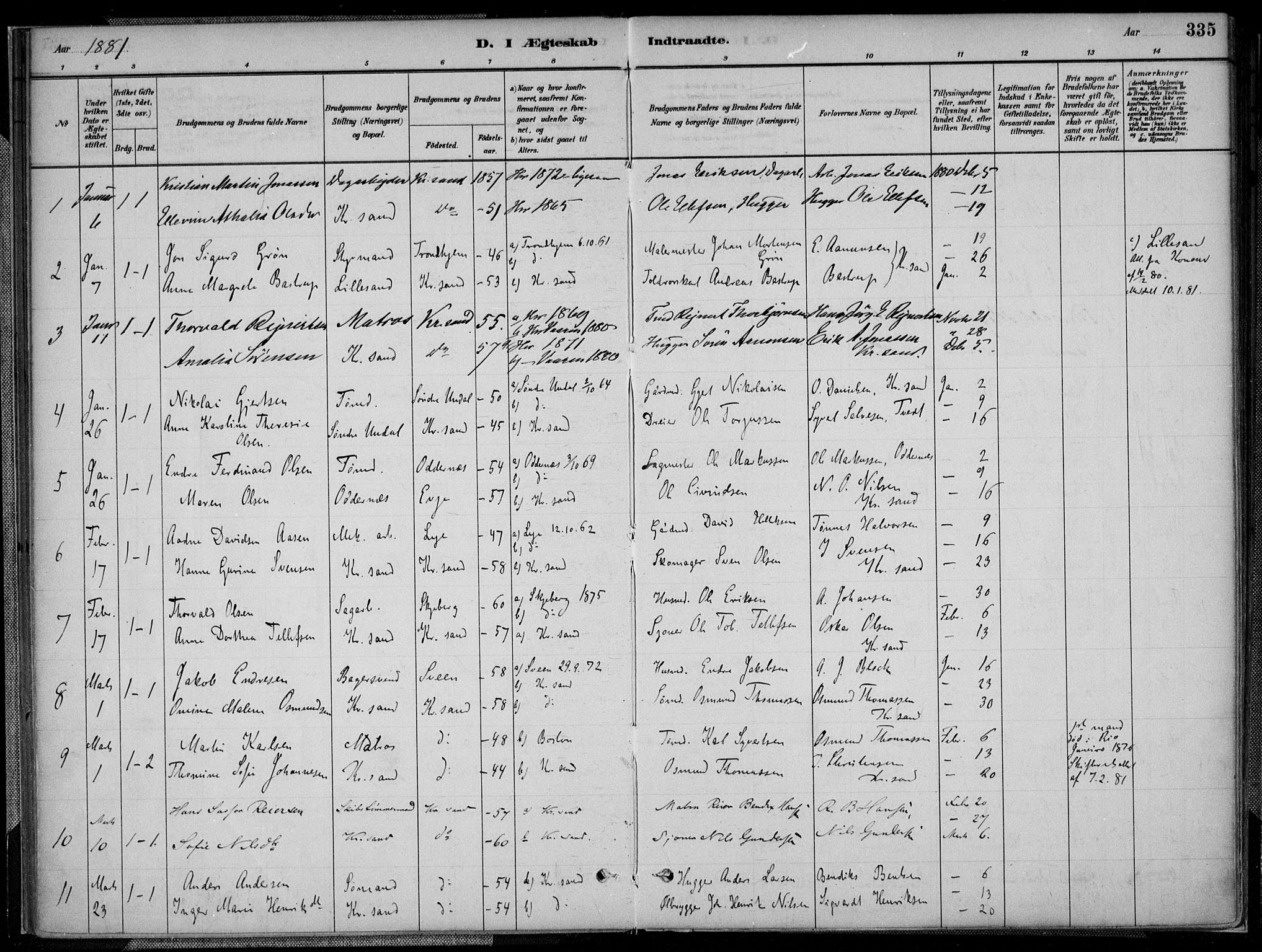 Kristiansand domprosti, SAK/1112-0006/F/Fa/L0017: Parish register (official) no. A 16B, 1880-1890, p. 335