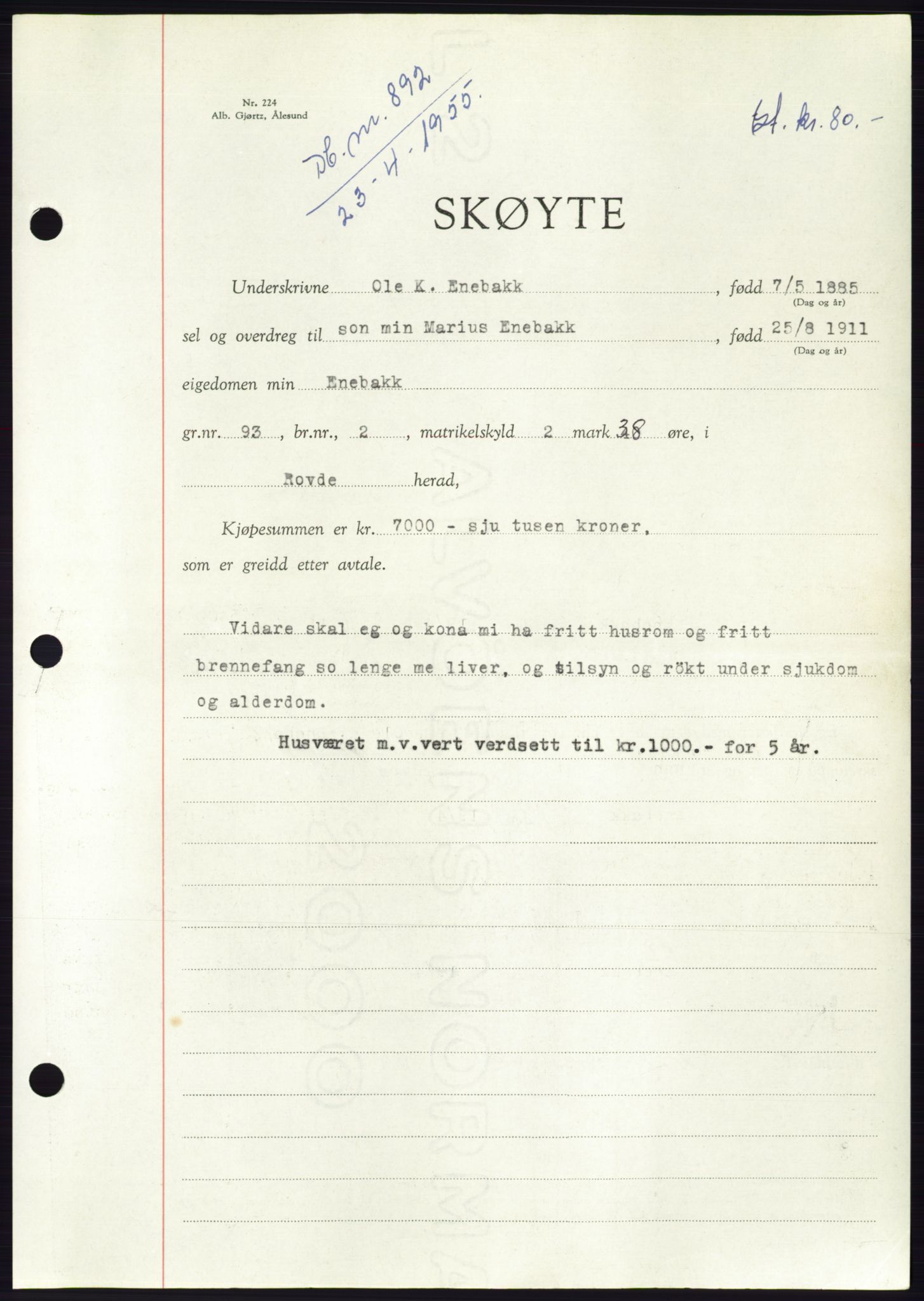 Søre Sunnmøre sorenskriveri, AV/SAT-A-4122/1/2/2C/L0100: Mortgage book no. 26A, 1954-1955, Diary no: : 892/1955
