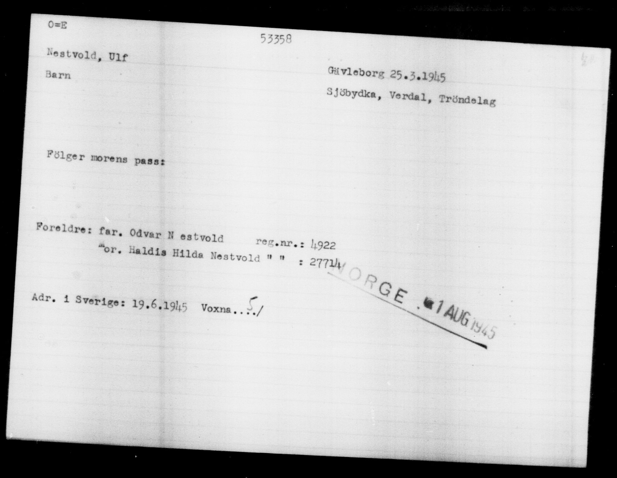 Utenriksstasjonene, Legasjonen i Stockholm, Flyktningkontoret, AV/RA-S-6753/V/Va/L0019: Kjesäterkartoteket, flyktninger med registreringsnr. 49600-55060, 1940-1945, p. 2818