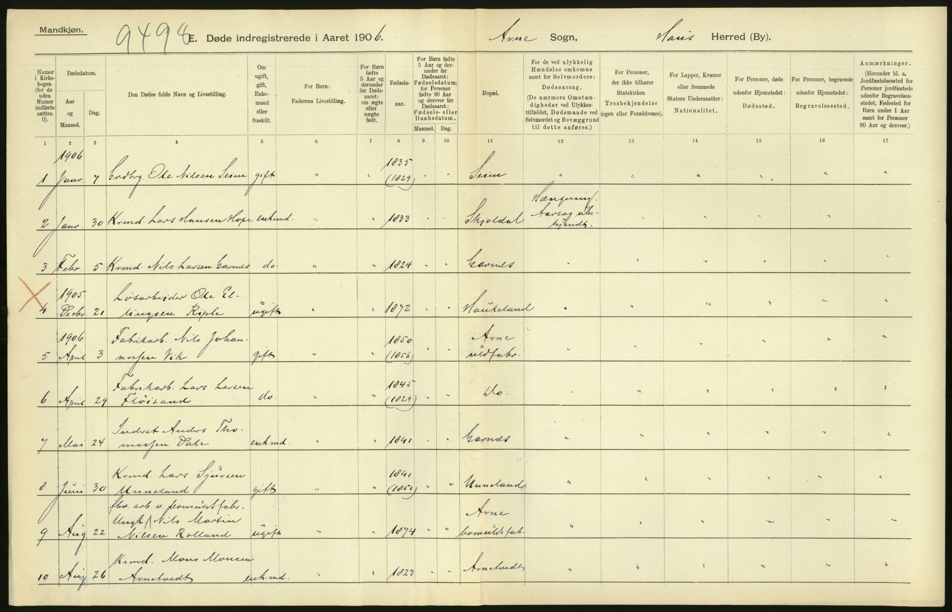 Statistisk sentralbyrå, Sosiodemografiske emner, Befolkning, AV/RA-S-2228/D/Df/Dfa/Dfad/L0030: S. Bergenhus amt: Døde. Bygder., 1906, p. 130