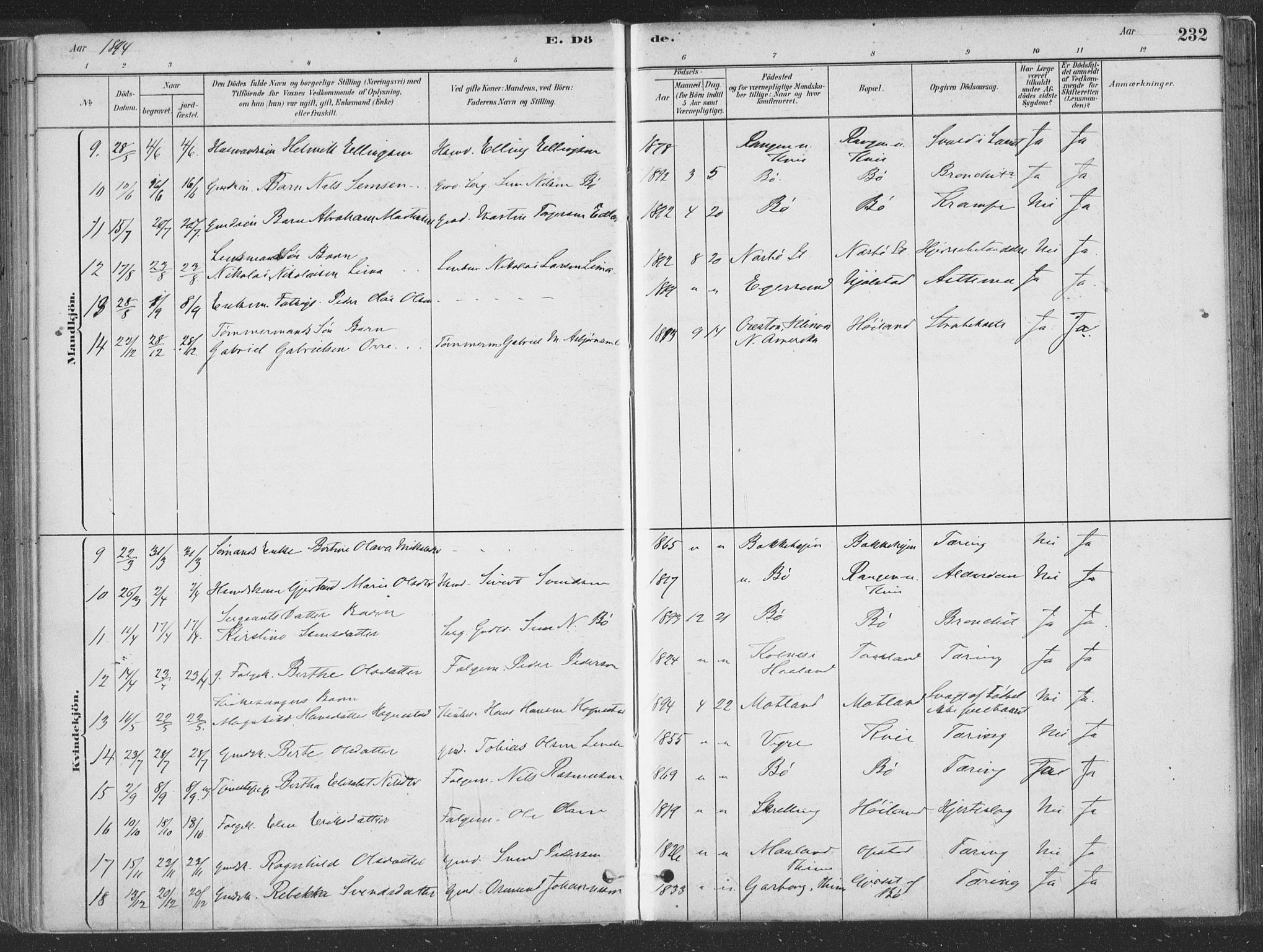 Hå sokneprestkontor, SAST/A-101801/001/30BA/L0010: Parish register (official) no. A 9, 1879-1896, p. 232