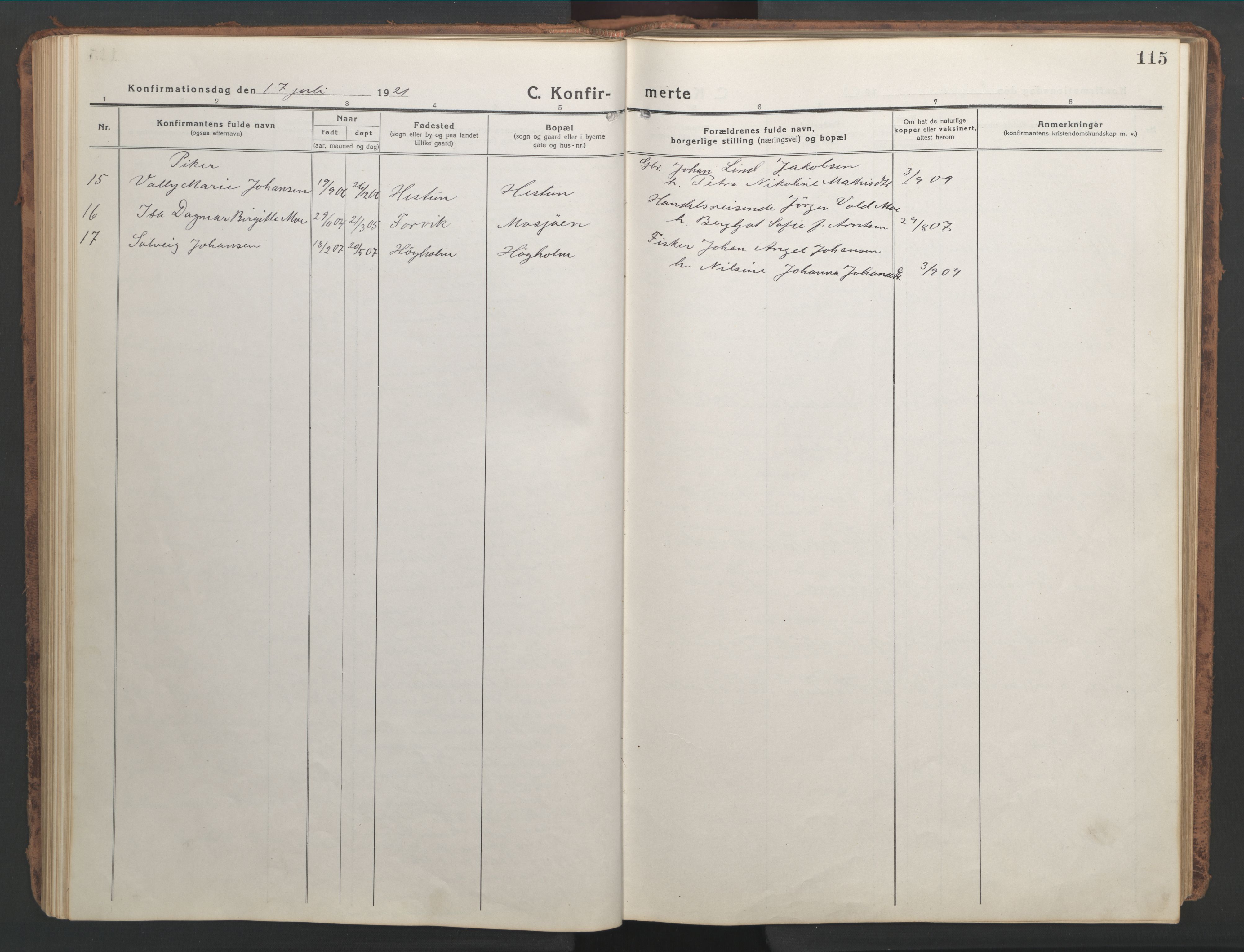 Ministerialprotokoller, klokkerbøker og fødselsregistre - Nordland, AV/SAT-A-1459/819/L0278: Parish register (copy) no. 819C04, 1917-1967, p. 115
