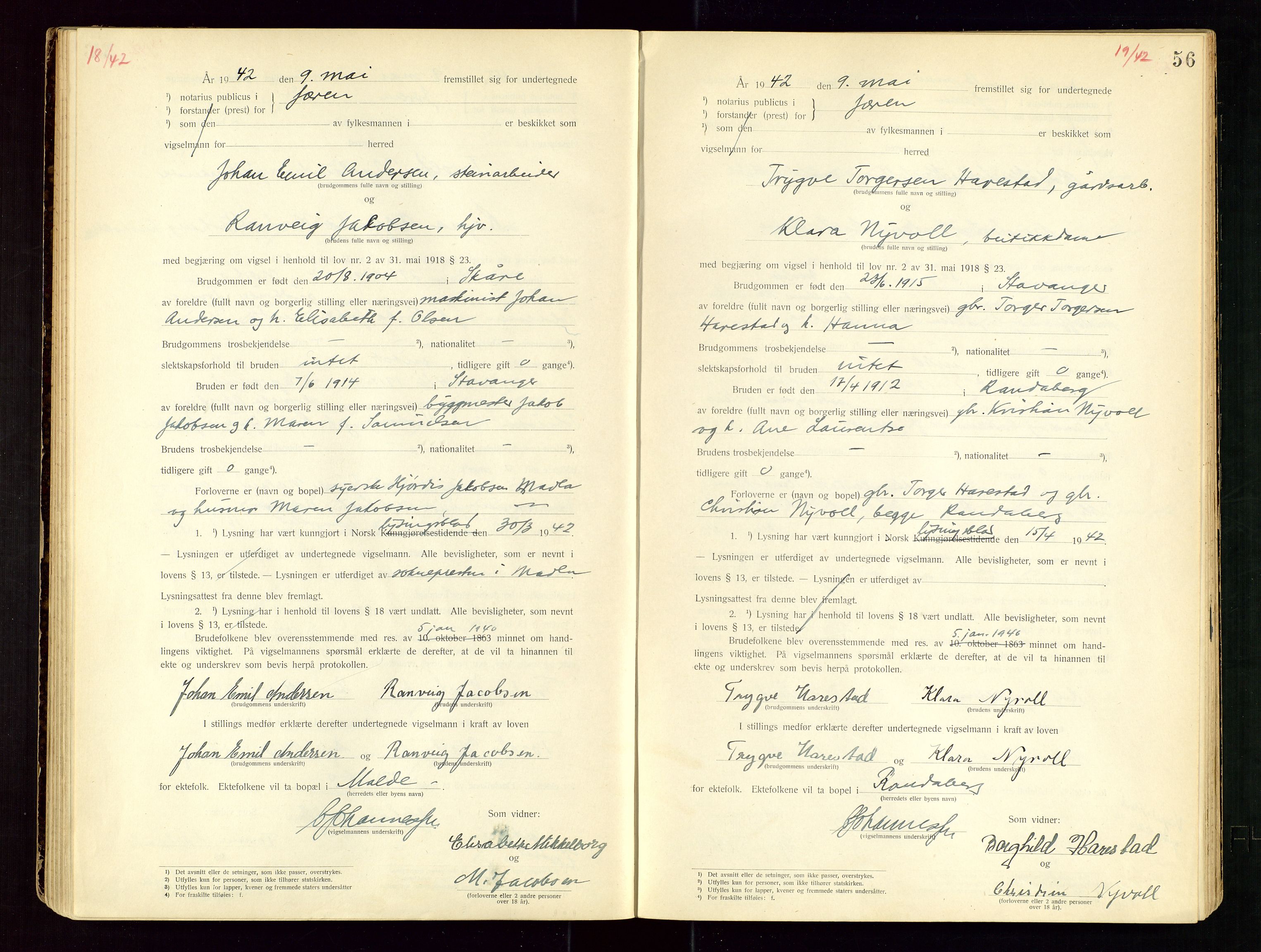 Jæren sorenskriveri, AV/SAST-A-100310/01/6/62/62BA/L0002: VIGSELSPROTOKOLL, 1937-1942, p. 56