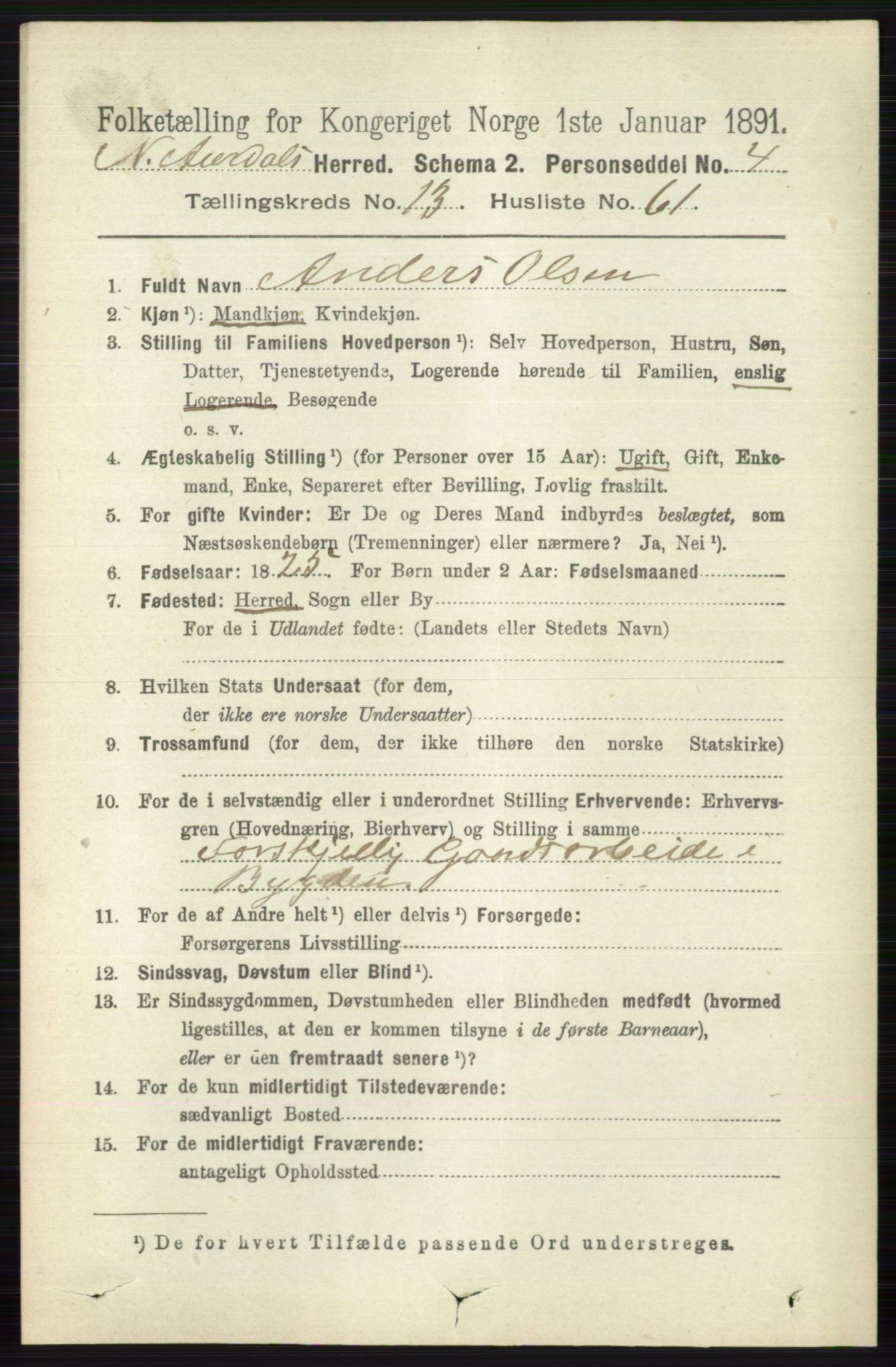 RA, 1891 census for 0542 Nord-Aurdal, 1891, p. 5126