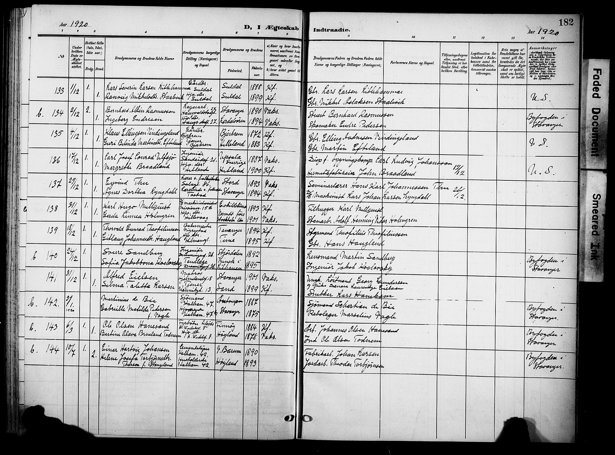 Domkirken sokneprestkontor, AV/SAST-A-101812/001/30/30BB/L0017: Parish register (copy) no. B 17, 1902-1921, p. 182