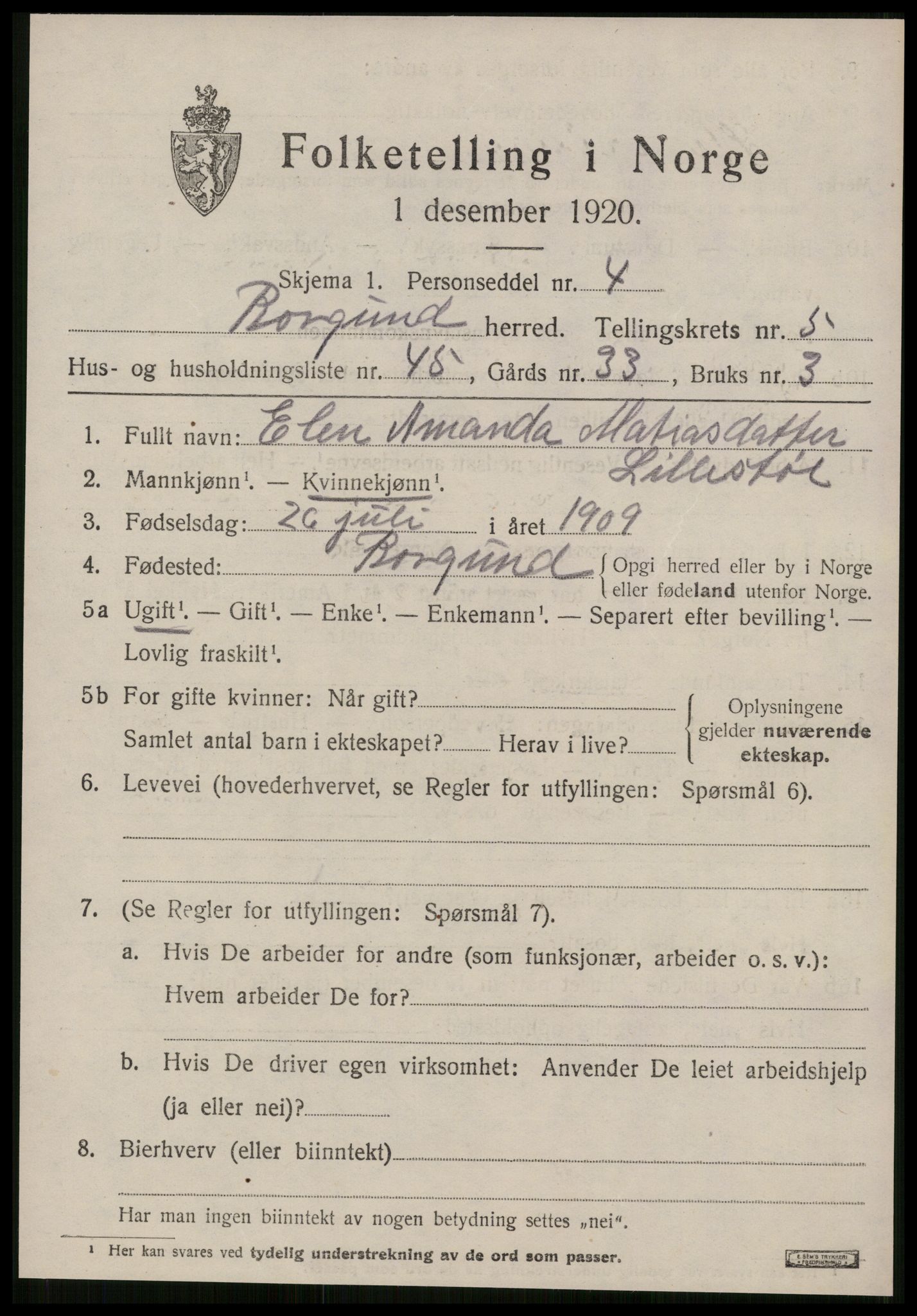 SAT, 1920 census for Borgund, 1920, p. 5104