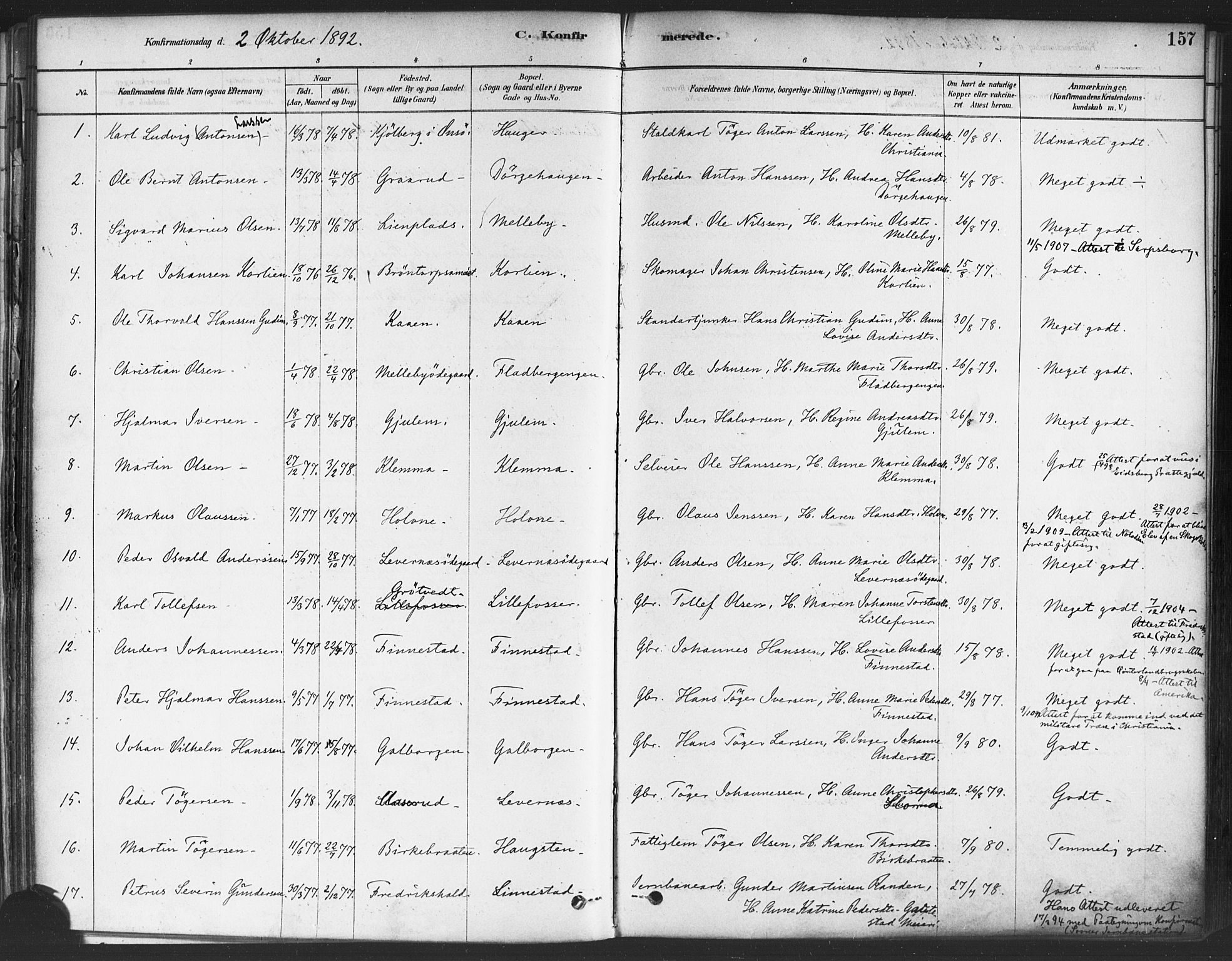 Rakkestad prestekontor Kirkebøker, AV/SAO-A-2008/F/Fa/L0012: Parish register (official) no. I 12, 1878-1893, p. 157