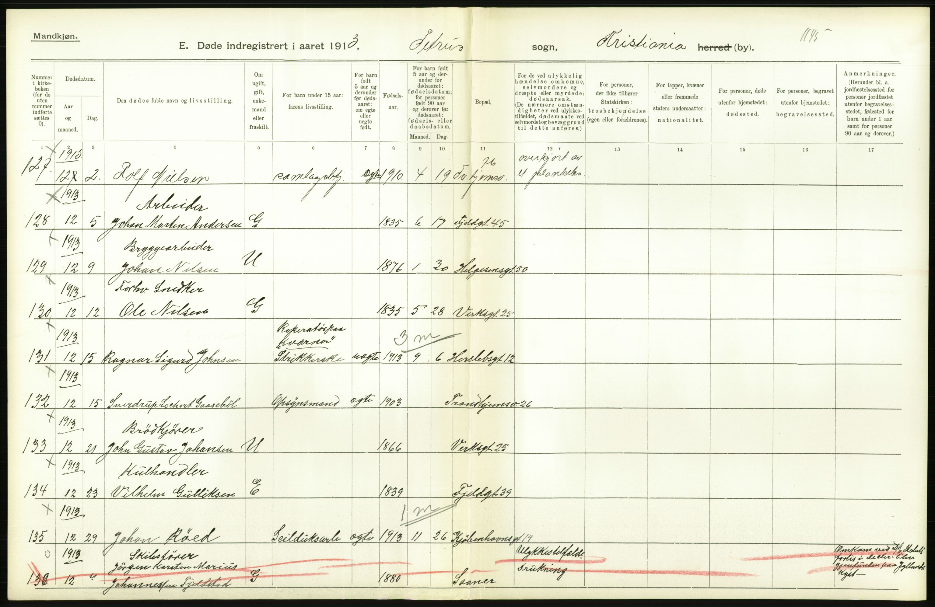 Statistisk sentralbyrå, Sosiodemografiske emner, Befolkning, RA/S-2228/D/Df/Dfb/Dfbc/L0009: Kristiania: Døde., 1913, p. 472