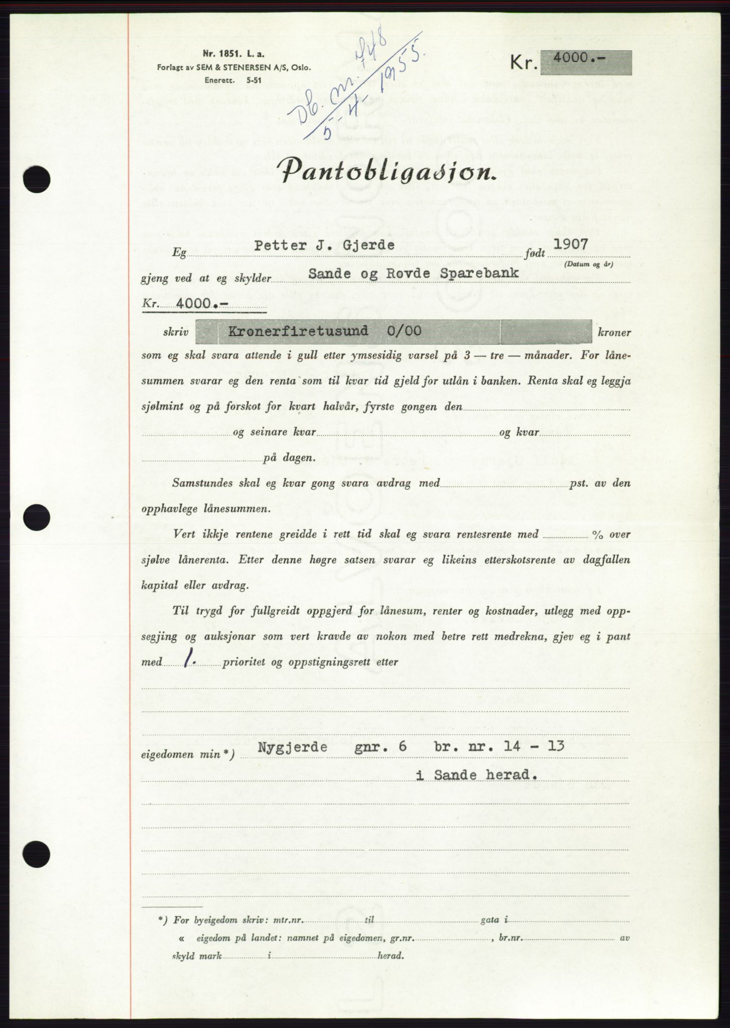 Søre Sunnmøre sorenskriveri, AV/SAT-A-4122/1/2/2C/L0126: Mortgage book no. 14B, 1954-1955, Diary no: : 748/1955