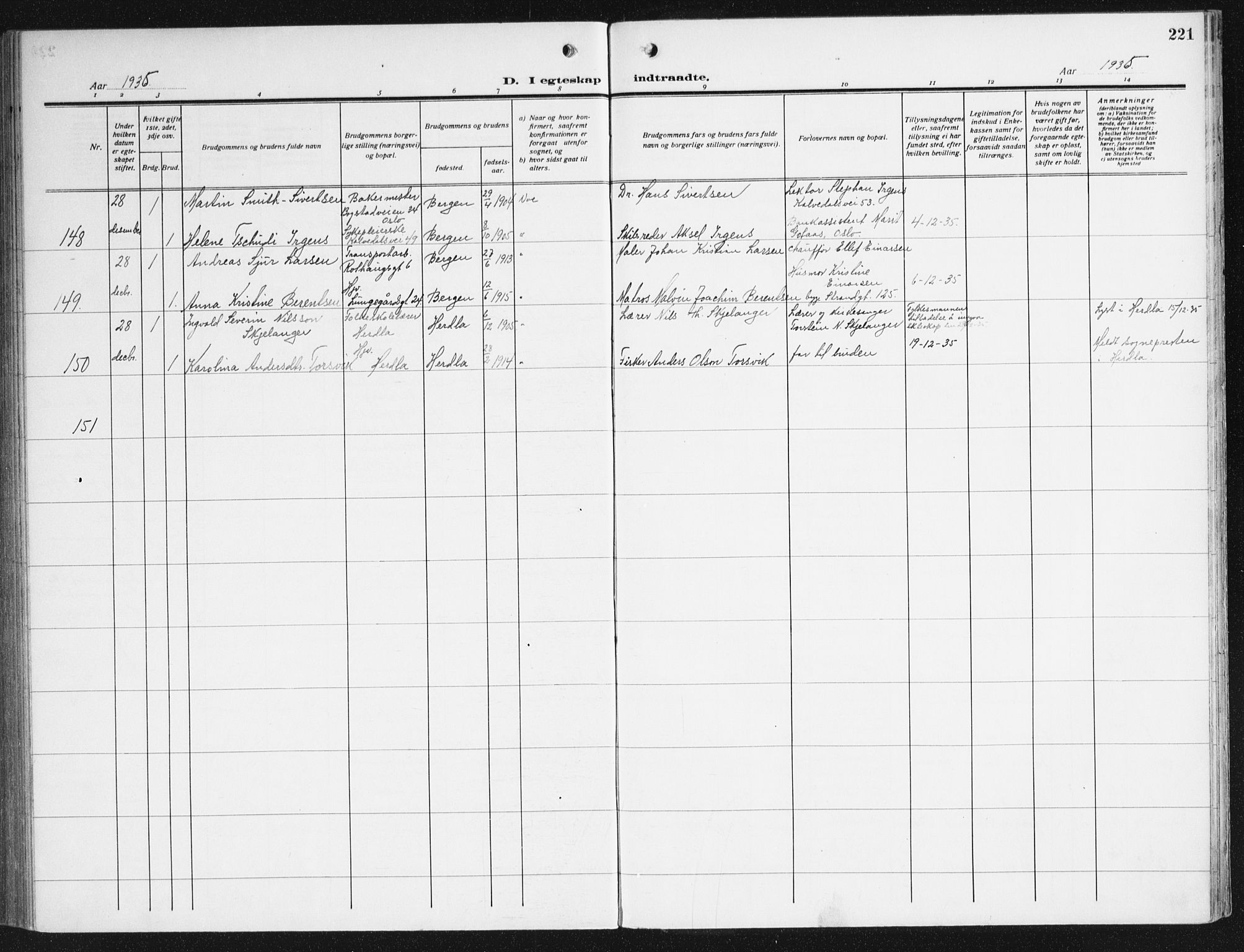 Domkirken sokneprestembete, AV/SAB-A-74801/H/Haa/L0039: Parish register (official) no. D 6, 1921-1937, p. 221