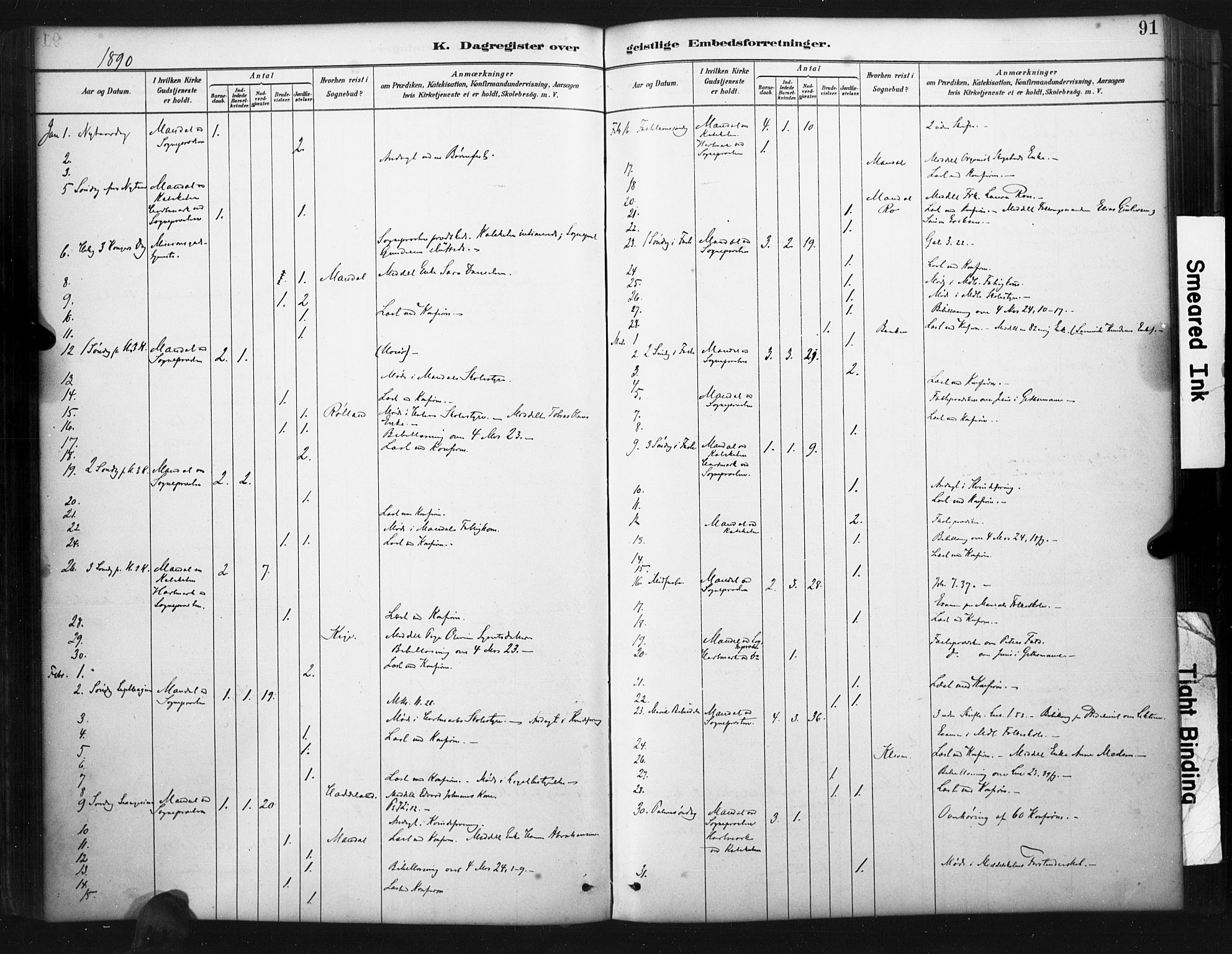 Mandal sokneprestkontor, AV/SAK-1111-0030/F/Fa/Faa/L0017: Parish register (official) no. A 17, 1880-1926, p. 91