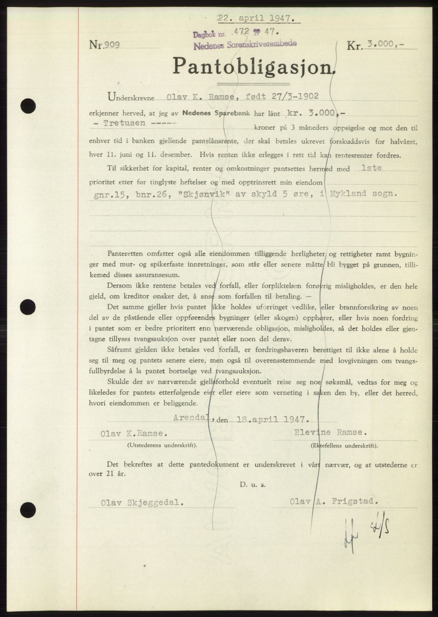 Nedenes sorenskriveri, AV/SAK-1221-0006/G/Gb/Gbb/L0004: Mortgage book no. B4, 1947-1947, Diary no: : 472/1947