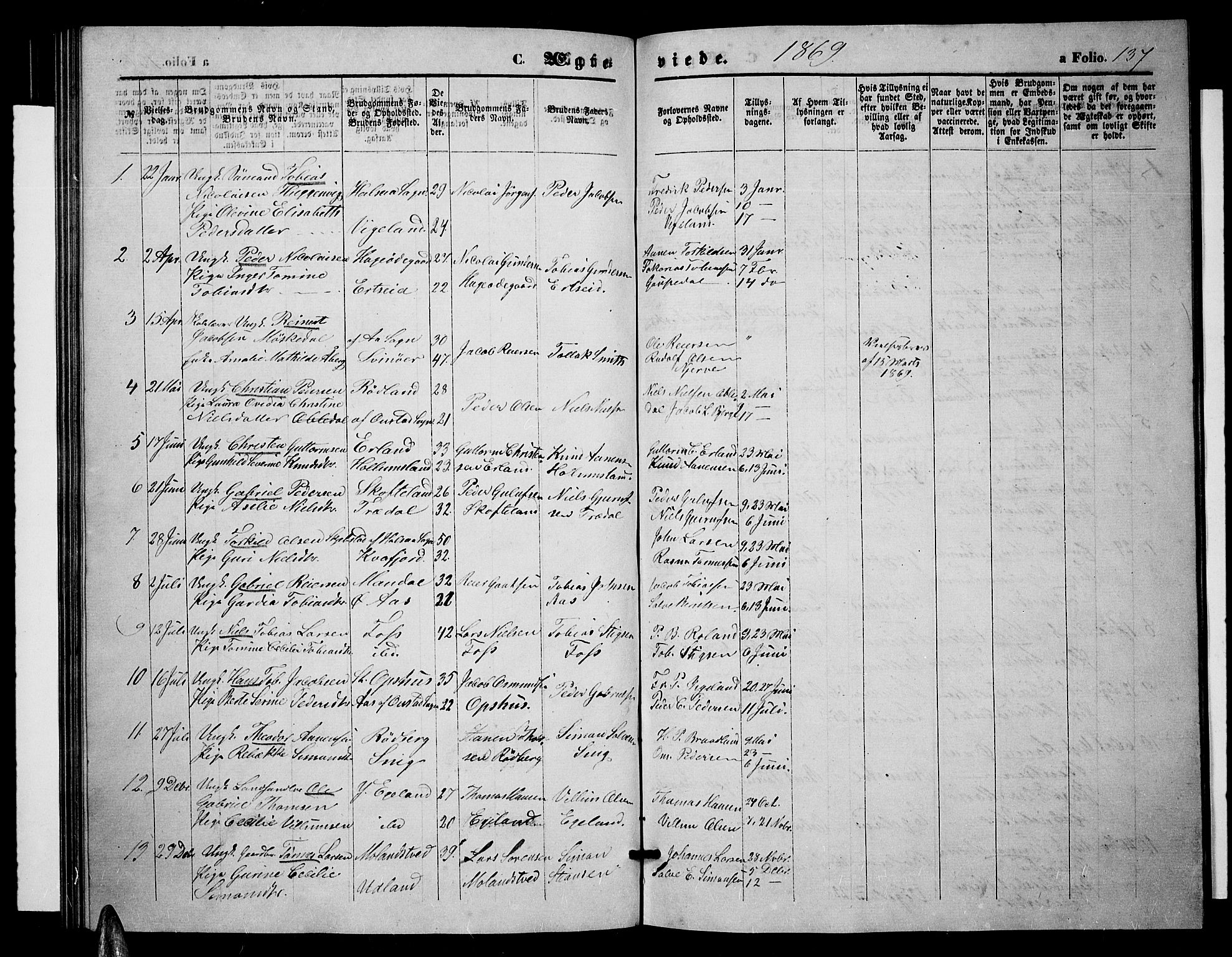 Sør-Audnedal sokneprestkontor, SAK/1111-0039/F/Fb/Fbb/L0004: Parish register (copy) no. B 4, 1868-1879, p. 137