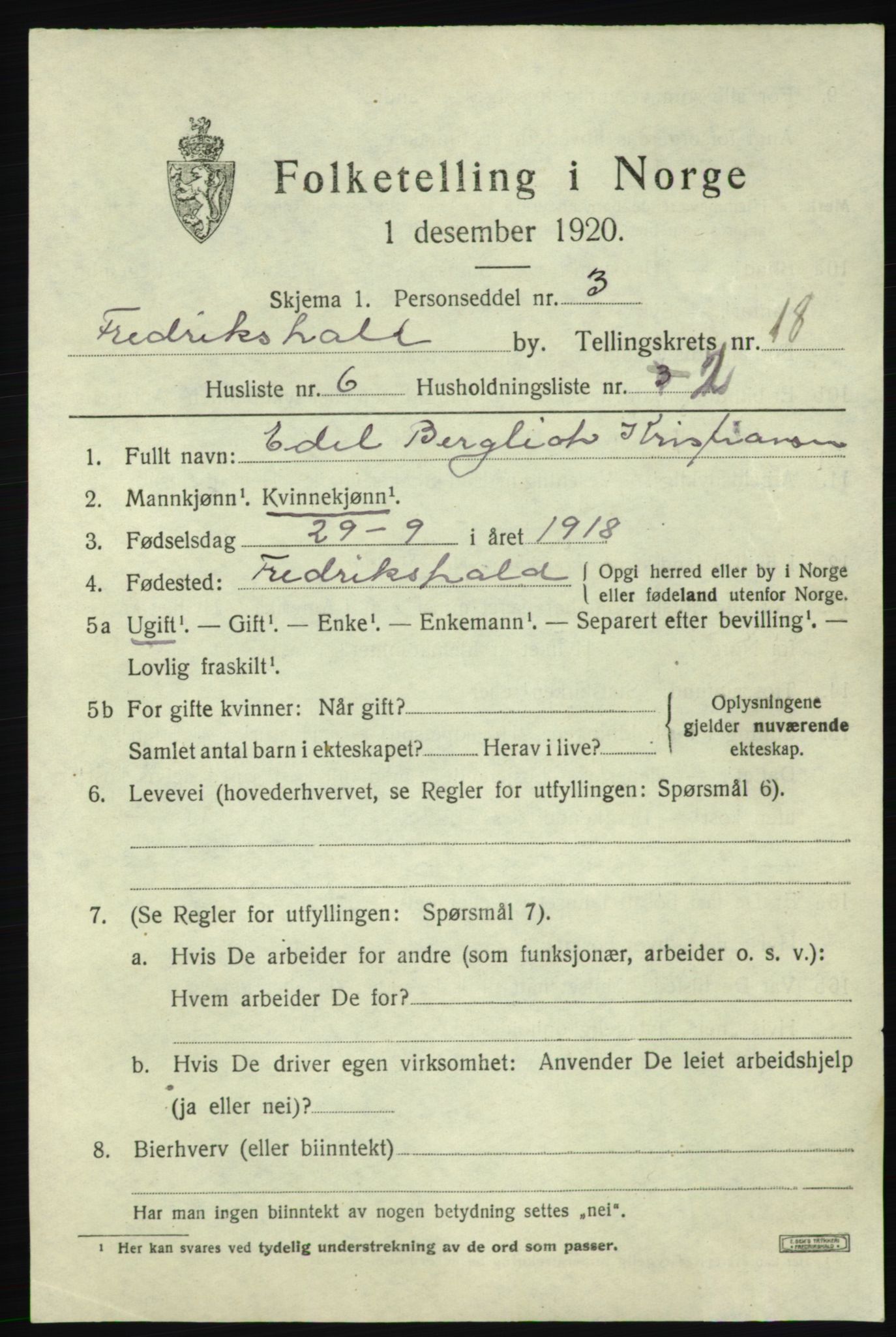 SAO, 1920 census for Fredrikshald, 1920, p. 27159