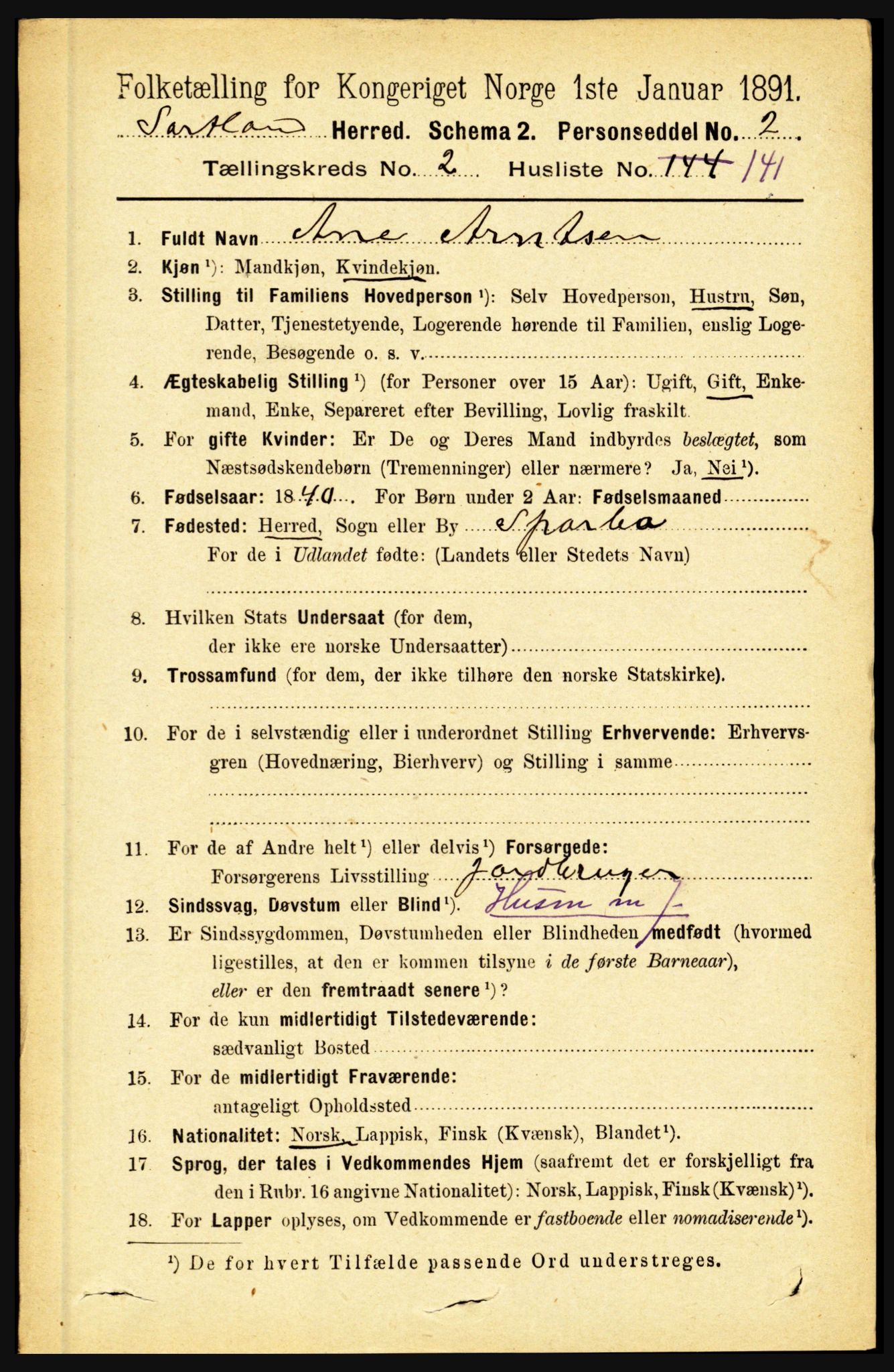 RA, 1891 census for 1870 Sortland, 1891, p. 2069