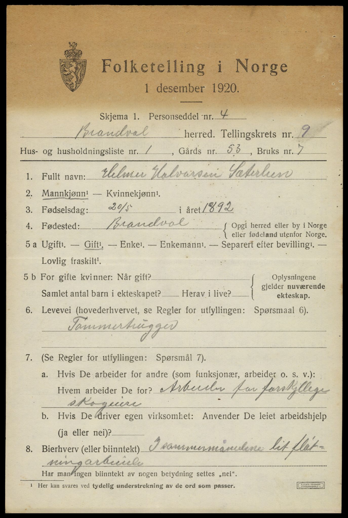 SAH, 1920 census for Brandval, 1920, p. 7298