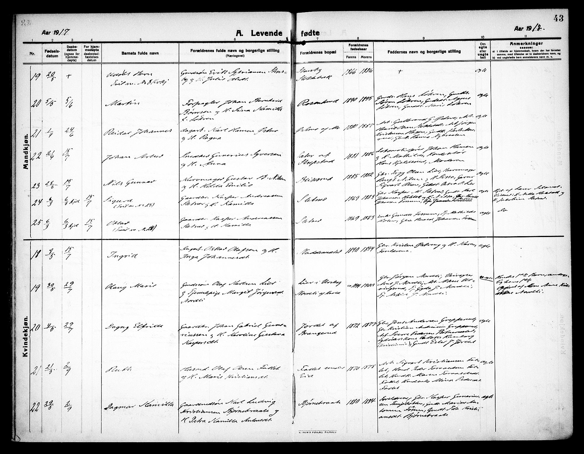 Høland prestekontor Kirkebøker, SAO/A-10346a/F/Fa/L0016: Parish register (official) no. I 16, 1912-1921, p. 43
